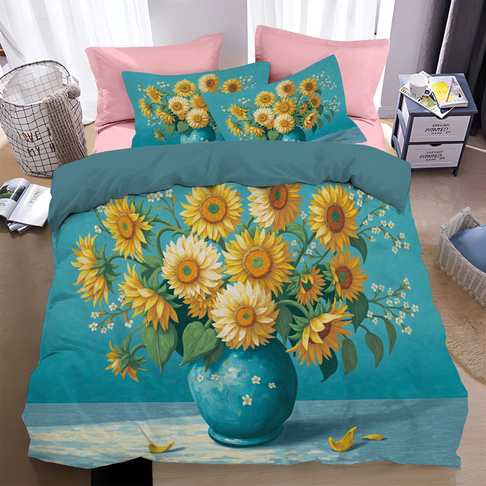Parure de lit fleurs de tournesol bleu peinture à l'huile, cadeau idéal pour femme