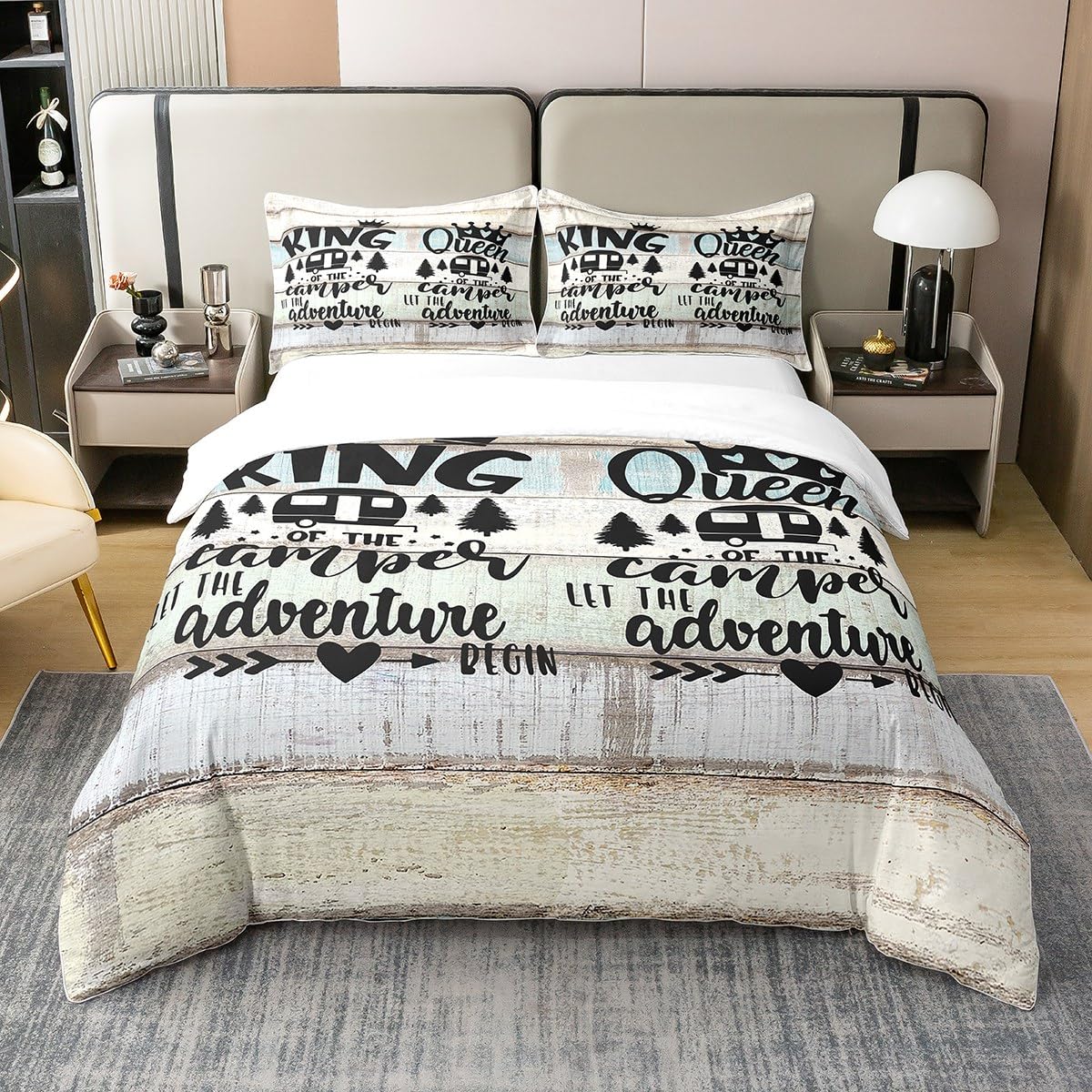 Happy Camping Bedding 100% Cotton Set for Single Campers Comforter Cover Camping Lovers 100% Cotton Duvet Cover Single Size RV Room Decor Vintage Rustic Wooden Bedspread Cover 2Pcs