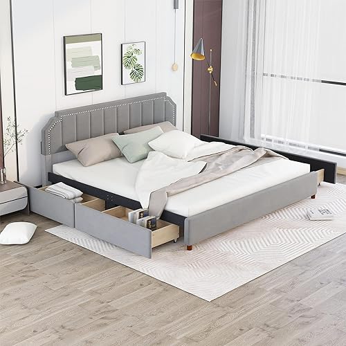 Merax Cama de plataforma tapizada tamaño King con 4 cajones de almacenamiento base de cama de madera con patas de soporte no necesita somier color