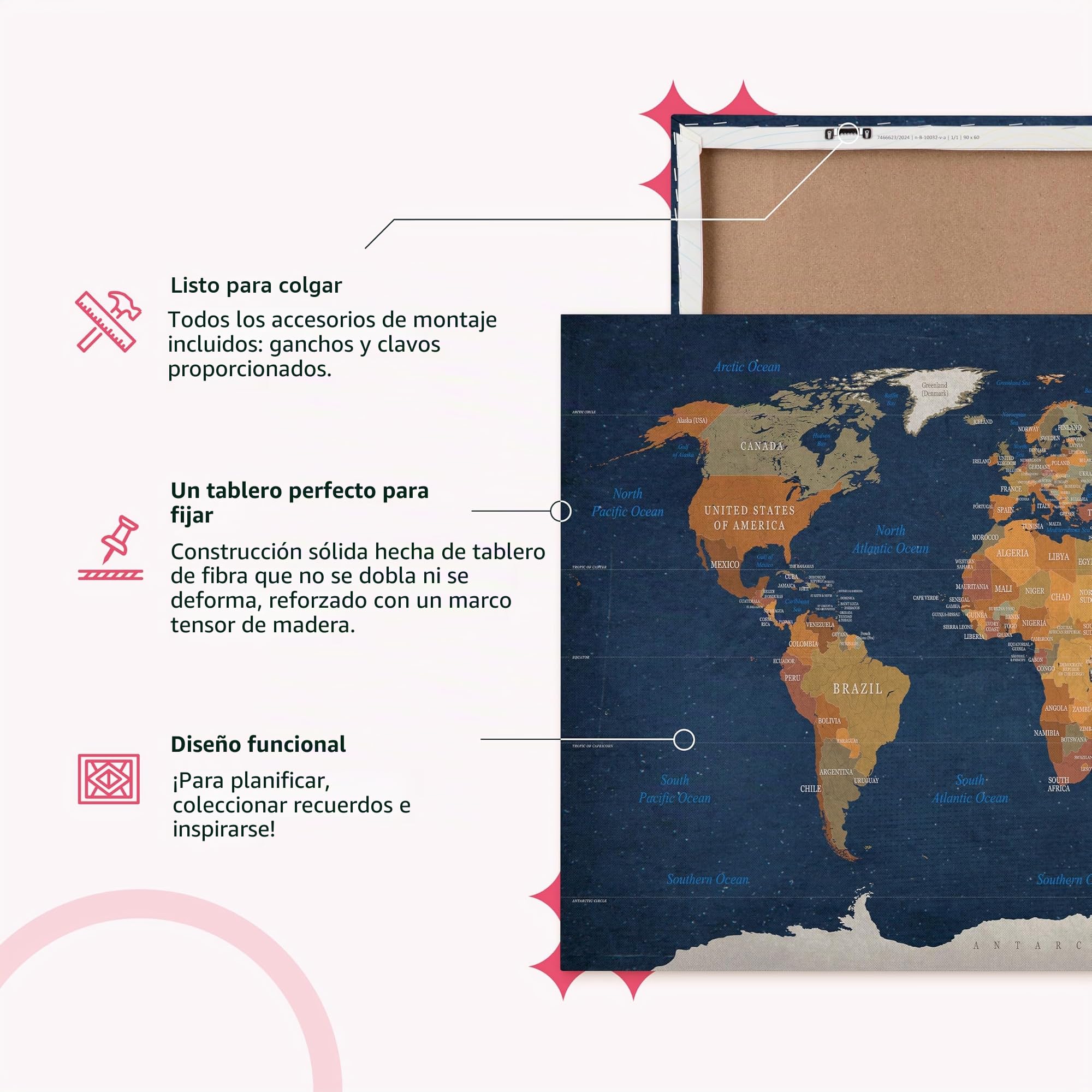 decomonkey Mapa mundi chinchetas político Planisferio inglés 120x80 cm | 50 chinchetas, tablero de lienzo, tablero de fibra, decoración de pared para salón y despacho, para marcar viajes, diseño 1