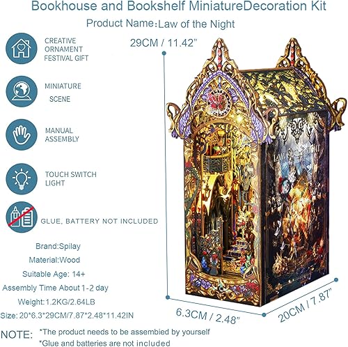 Miniatura 4 de Spilay Kit de rincón de libros para bricolaje, kit de casa de muñecas en miniatura con caja de música de muebles y LED, rompecabezas de madera 3D