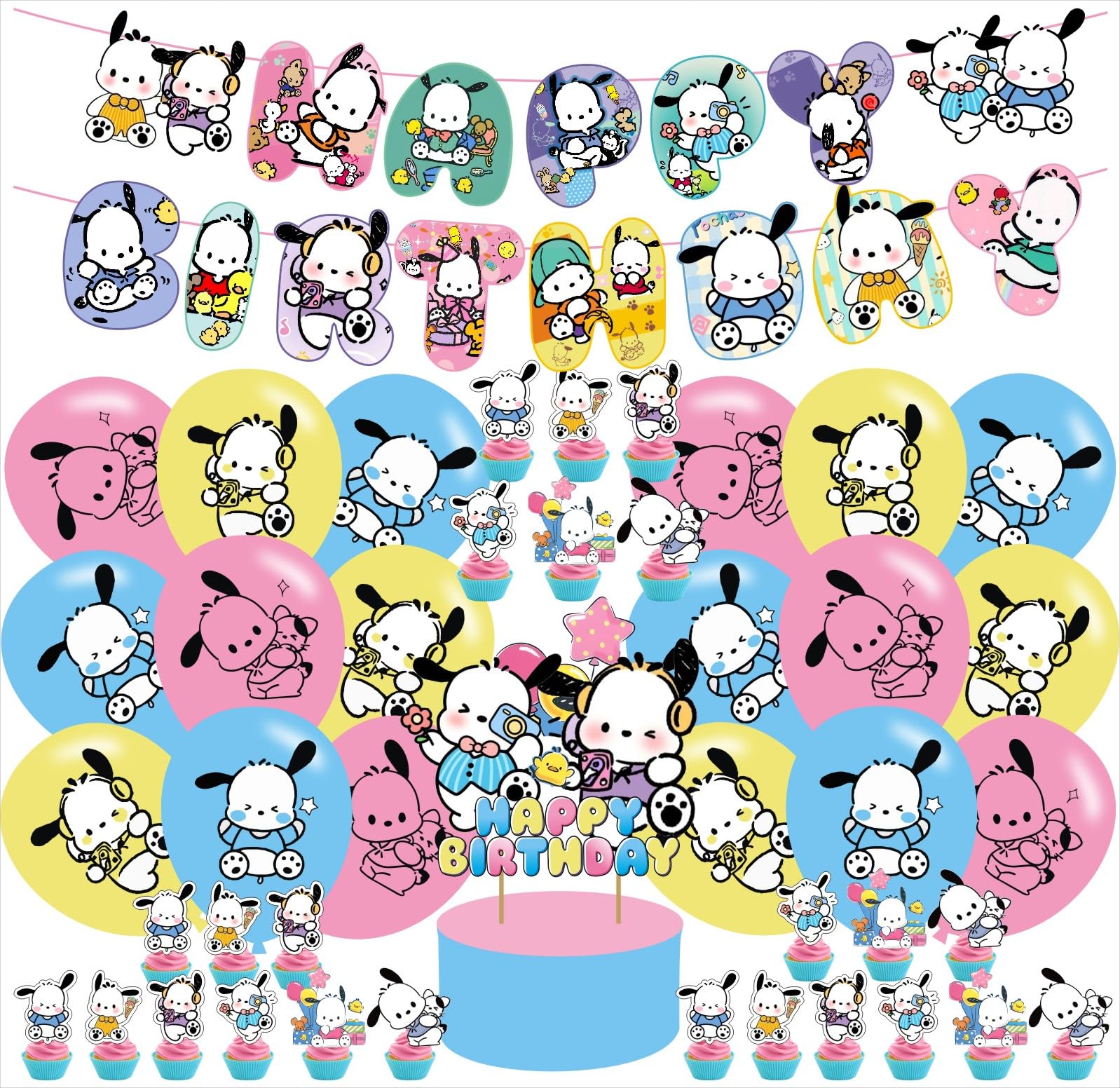 Pochaccoo Birthday Party Decorations, Kawaii Cartoon Dog Party Supplies with Banner, Cupcake Cake Toppers Ballons Party Favors for Fans Birthday