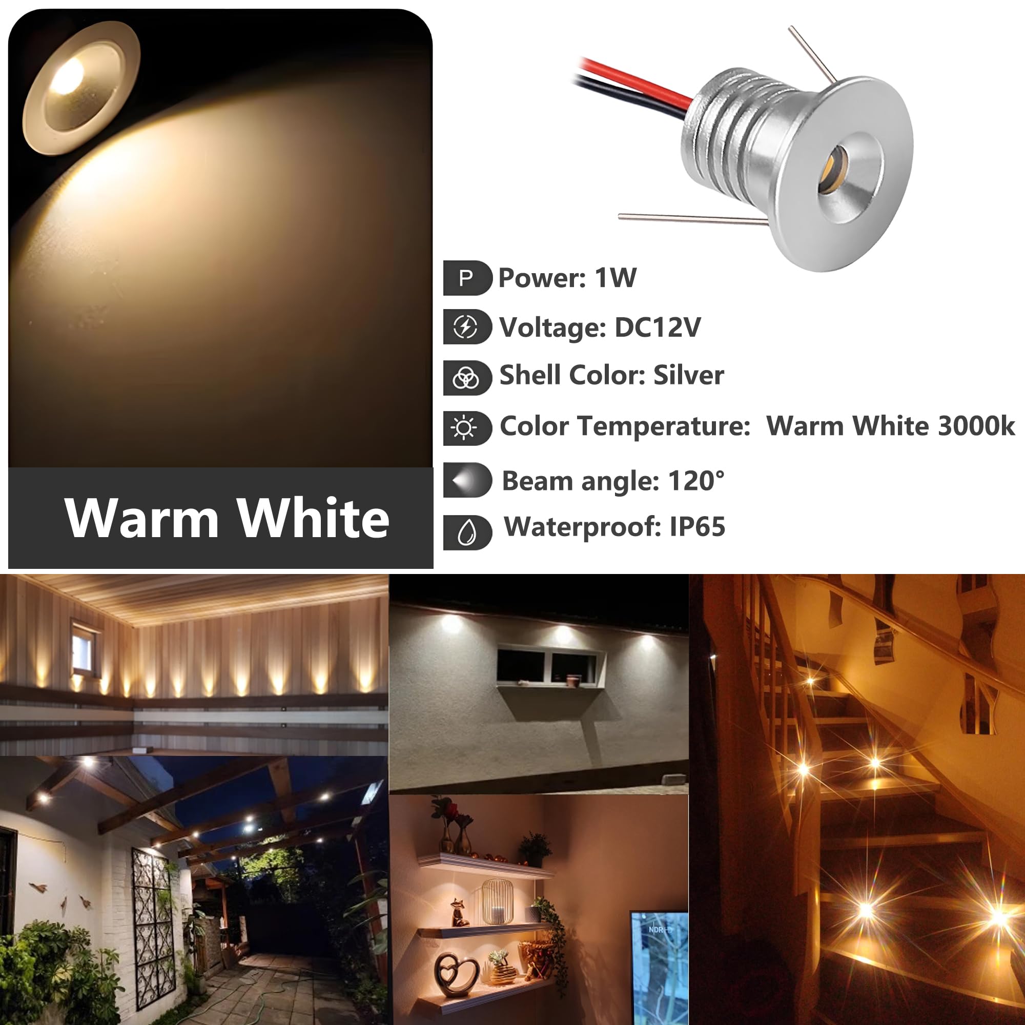 9 Pack Mini Downlight LED Techo Empotrable 1W, 12V IP65 Focos LED, Focos para el techo, para Baño,Cocina,escaparate,armario,dormitorio,Diámetro 22mm,agujero16mm (plateado,Blanco cálido 3000K)
