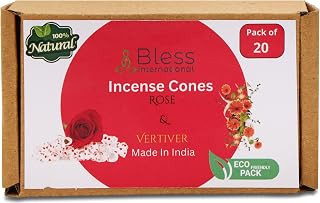 Bless International Rose and Vertiver 100%-Natural-Incense-Cones Handmade-Hand-Dipped Organic-Chemicals-Free for-Purification-Relaxation-Positivity-Yoga-Meditation The-Best-scents (20 Count)