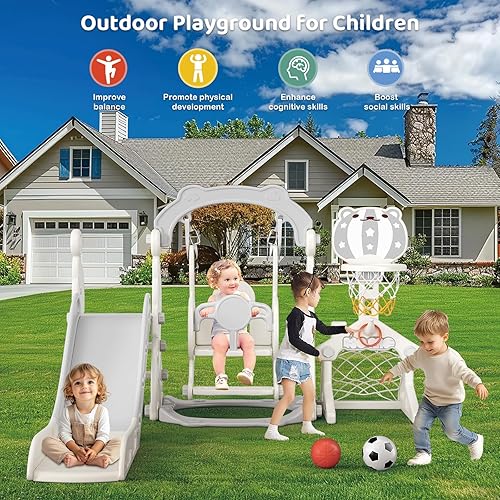 Miniatura 7 de Tobogán para niños pequeños, juego 6 en 1 para niños  Mejora con tobogán, columpio, fútbol y lanzamiento de anillos para niños de 1 a 3 años, parque