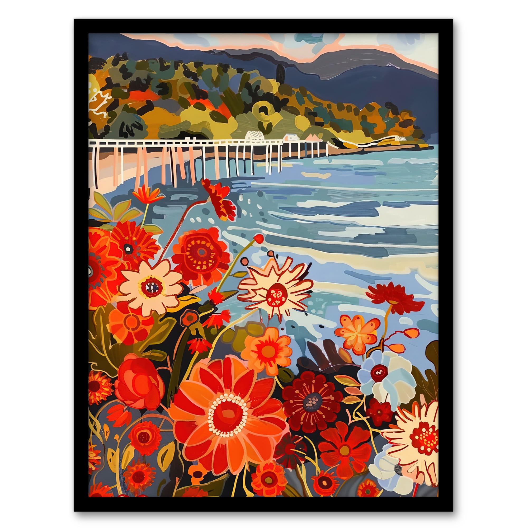 Artery8 Dunoon Pier Floral Scottish Seaside Spring Living Room Artwork Framed Wall Art Print 18X24 Inch