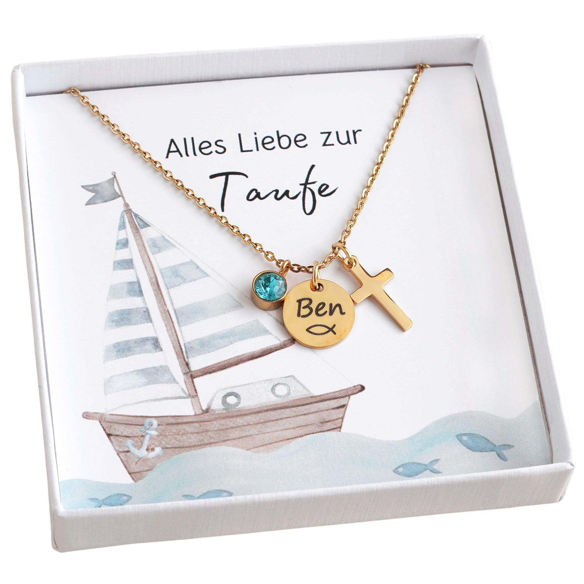 Kette mit Kreuz Gold Silber Taufkette Junge Mädchen Kreuzkette Namenskette mit Gravur Geschenk Taufe Kommunion Konfirmation Taufgeschenk Patenkind
