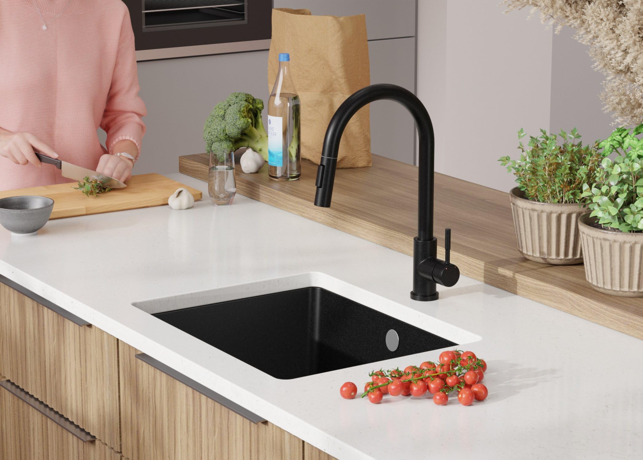 PRIMAGRAN Fregadero bajo Encimera Todo Negro 56x44cm, Cocina 1 Seno + Sifón, Granito al Mueble 60cm - Venecia Easy S067