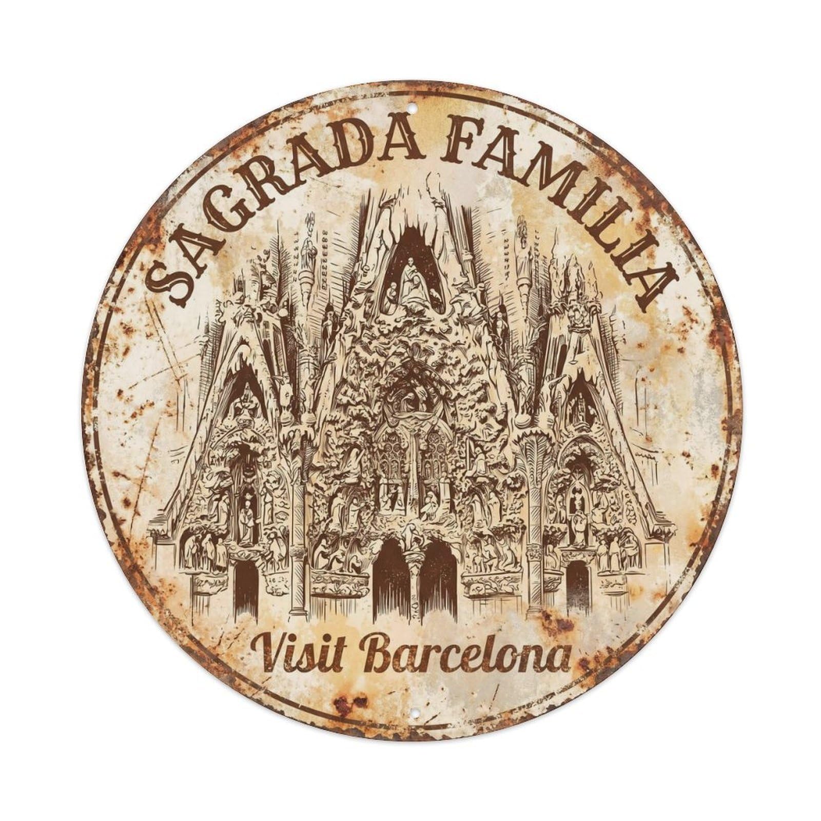 Spain Barcelona Basilica Vintage Travel Landmark Heritage Metal Tin Sign Plaque Wall Decor for Cafe, Man Cave, Club Bar, Office, Home Garden Round Metal Poster 8x8Inch