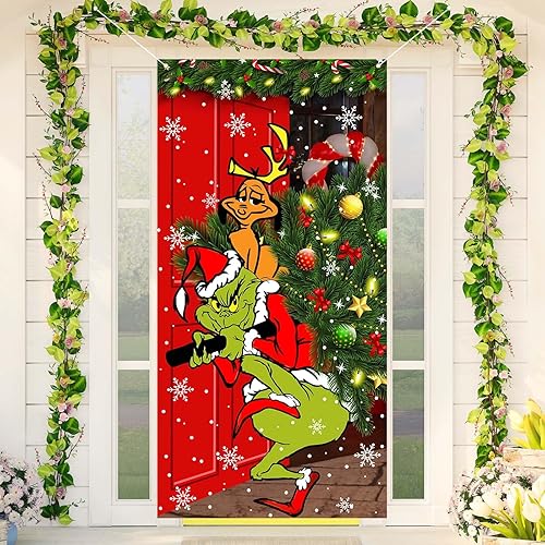Miniatura 5 de Decoración de Navidad verde para puerta, cubierta de puerta de Feliz Navidad, 6 x 3 pies, bandera de cuadrícula de búfalo negro, pancarta de