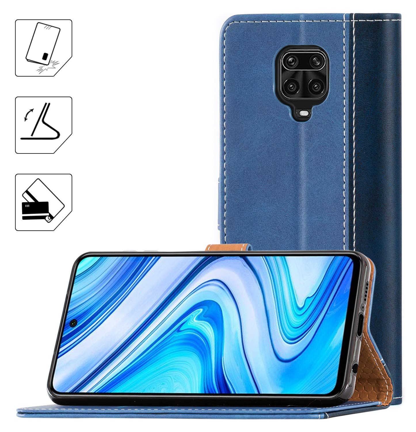 Cover iPhone 13 Mini Blu Flip Case Pelle con Scomparto Carte e Stand