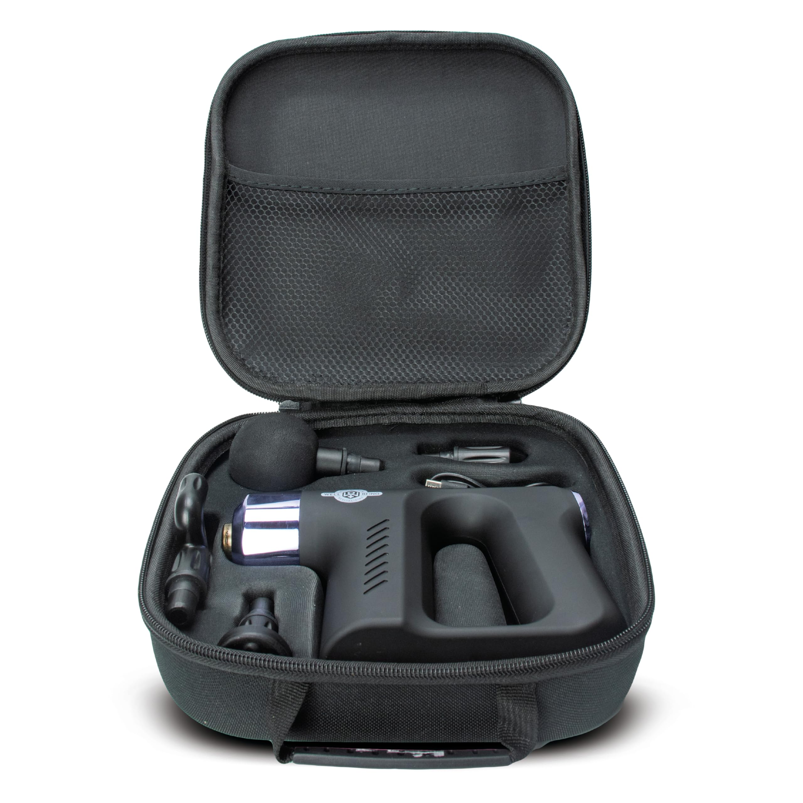 Well Being USB Wiederaufladbare Mini-Massagepistole mit 4 Massageköpfen & Reiseetui