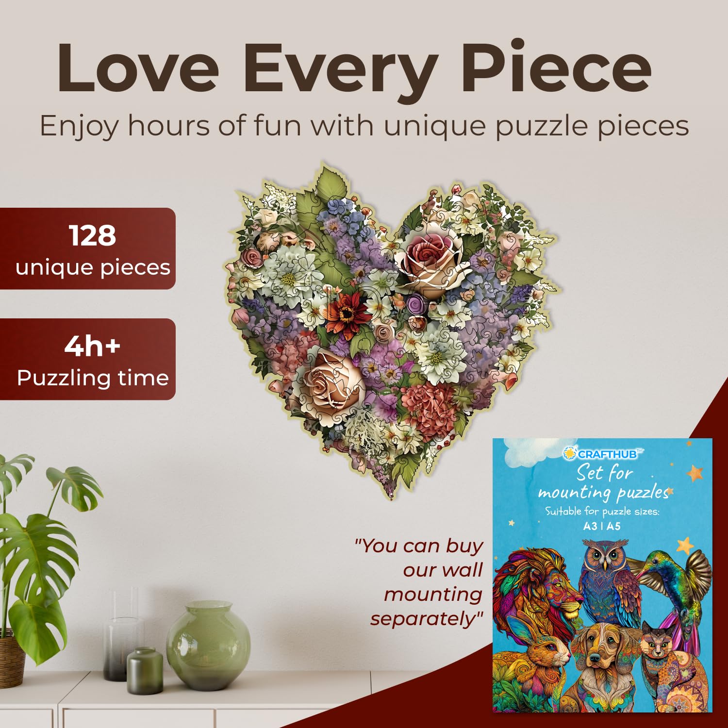 Flowers Wooden Puzzles for Adults - A3 Blooming Heart with 128 Pieces - Jigsaw Puzzles with Unique Animal Shapes - 10.8" x 10.8" - Image 2