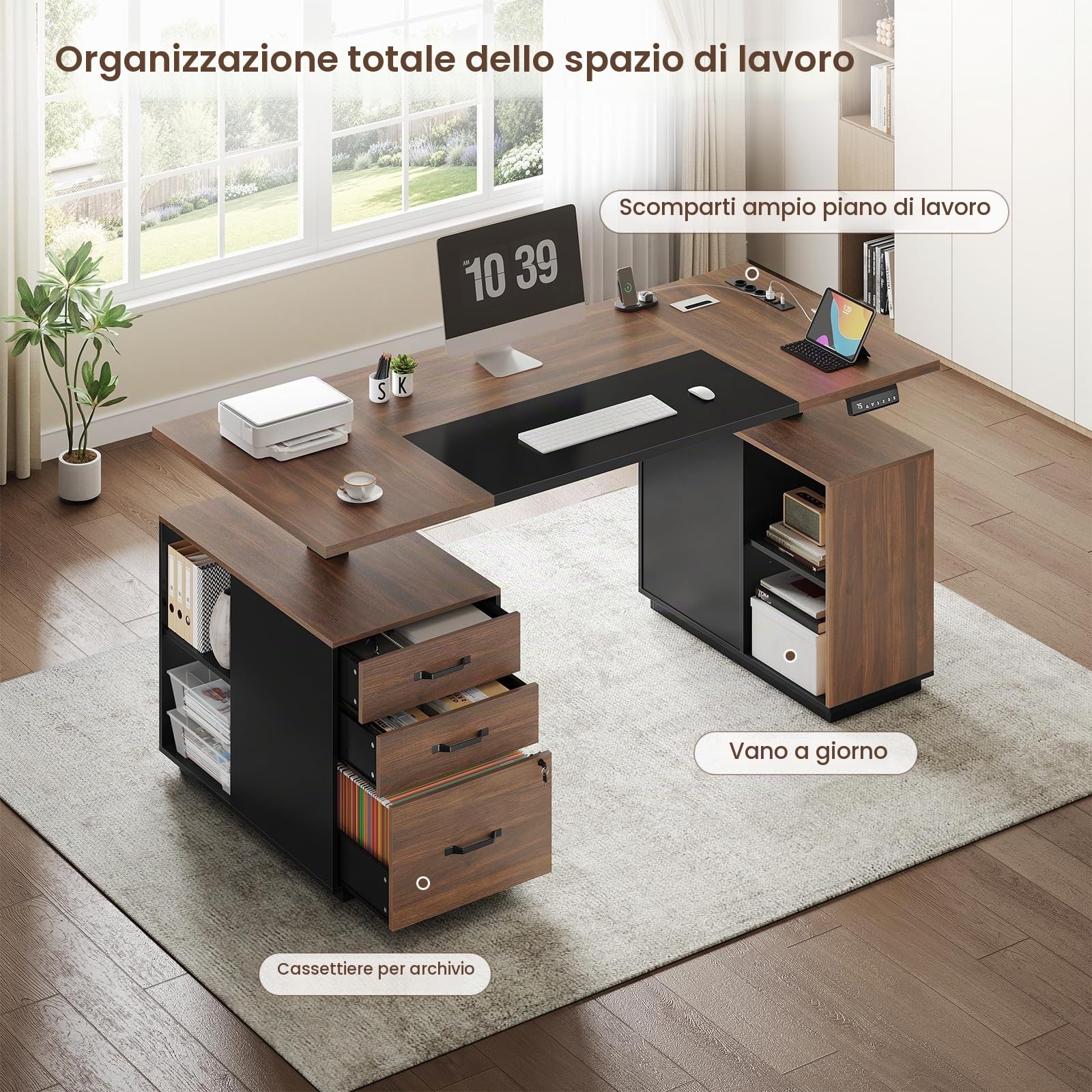 Scrivania Regolabile Elettricamente in Altezza con Cassetti, 140x70 cm, Scrivania da Ufficio Modulare per Lavoro da Casa e In Piedi con Schedario con Serratura, Stazione di Ricarica Integrata, Nero