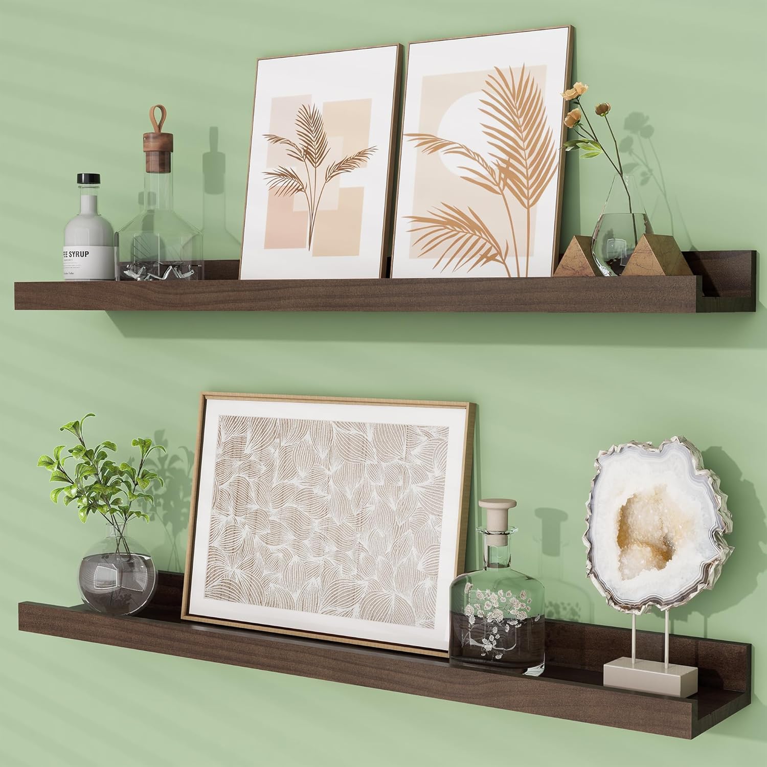 Picture Ledge Shelf, Pine Wood Floating Shelves Set of 2, 24 inch Nursery Book Shelves, Photo Ledge Book Shelves Wall Mounted for Living Room Kids' Room Bedroom - Walnut