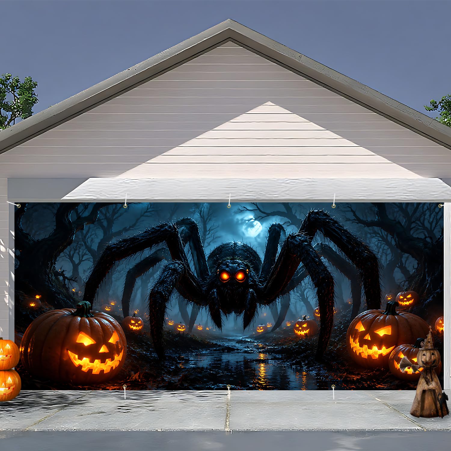 7 x 16 ft Midnight Spider Garage Shadow Halloween Garage Door Decorations Halloween decorations Witch Door Cover, Hanging Banner, Cauldron Backdrop Mural for Home,Outdoor,Indoor,Party