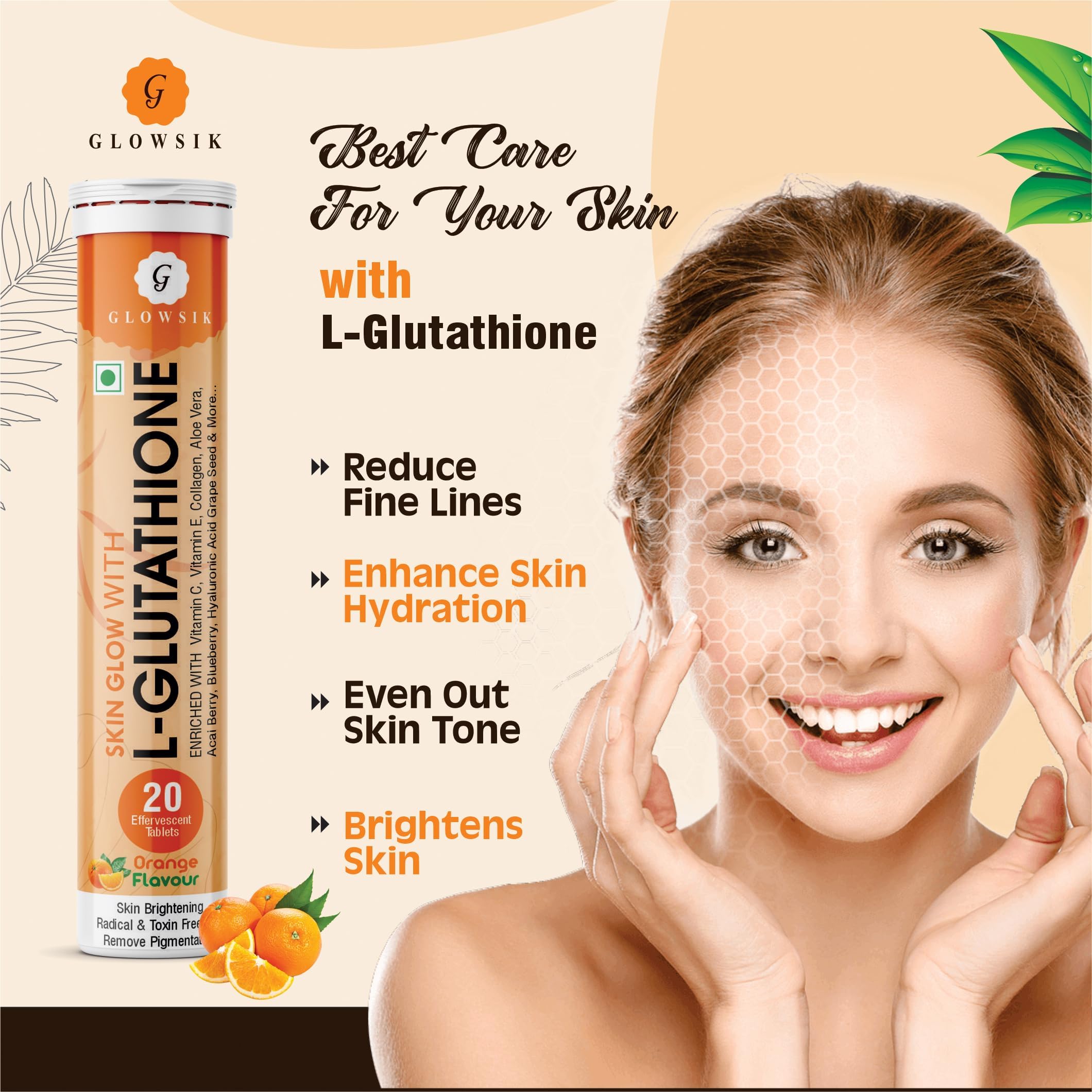 Glowsik Glutathione with Vitamin C, 40 Effervescent Tablets for Skin Health, 600mg Glutathione Reduced, Antioxidants Supplements for Glowing Skin Health, Orange Flavour - Image 4 thumbnail