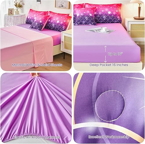 Miniatura 6 de URBONUR - Juego de edredón de tamaño completo rosa y morado para niñas, 6 piezas, ropa de cama de sirena con brillo en una bolsa para niños con