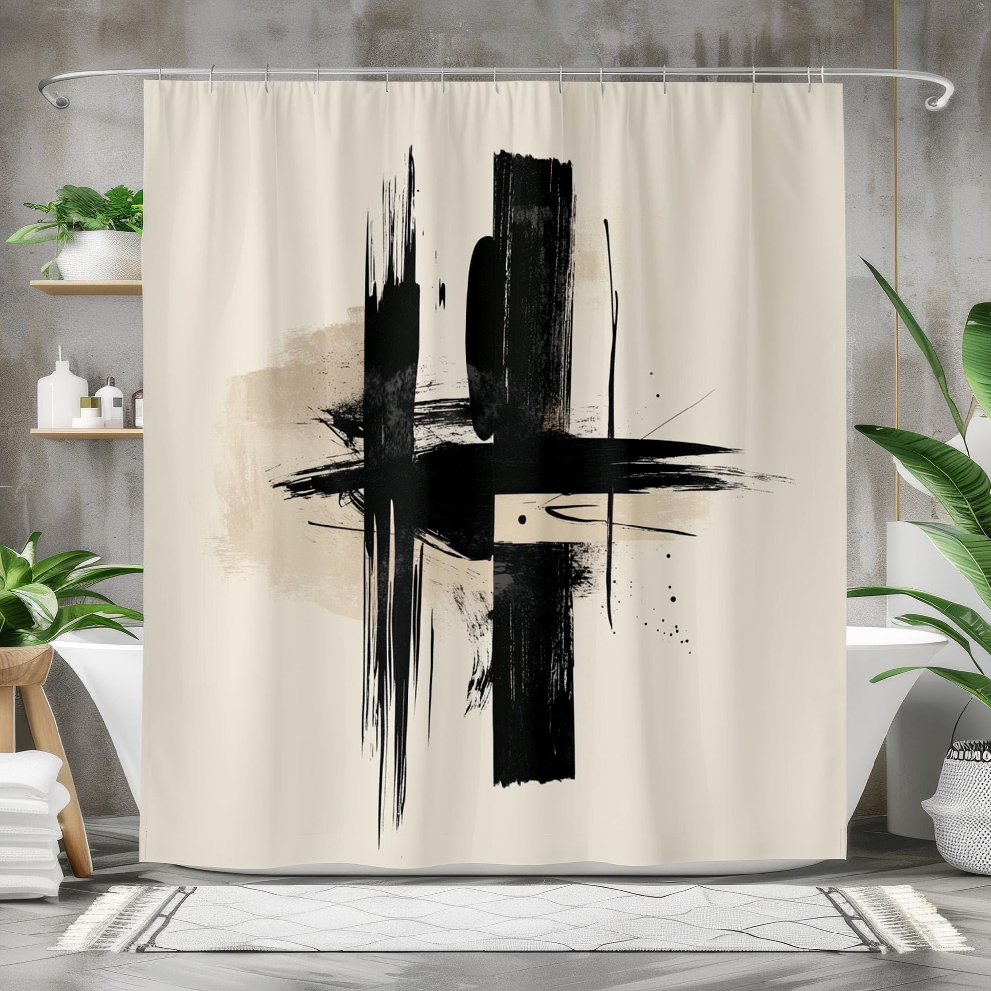 Tenda da doccia astratta, tenda decorativa per bagno nera e beige, tessuto moderno impermeabile con ganci, minimalista (240x200 cm/94x79 pollici (LxA))