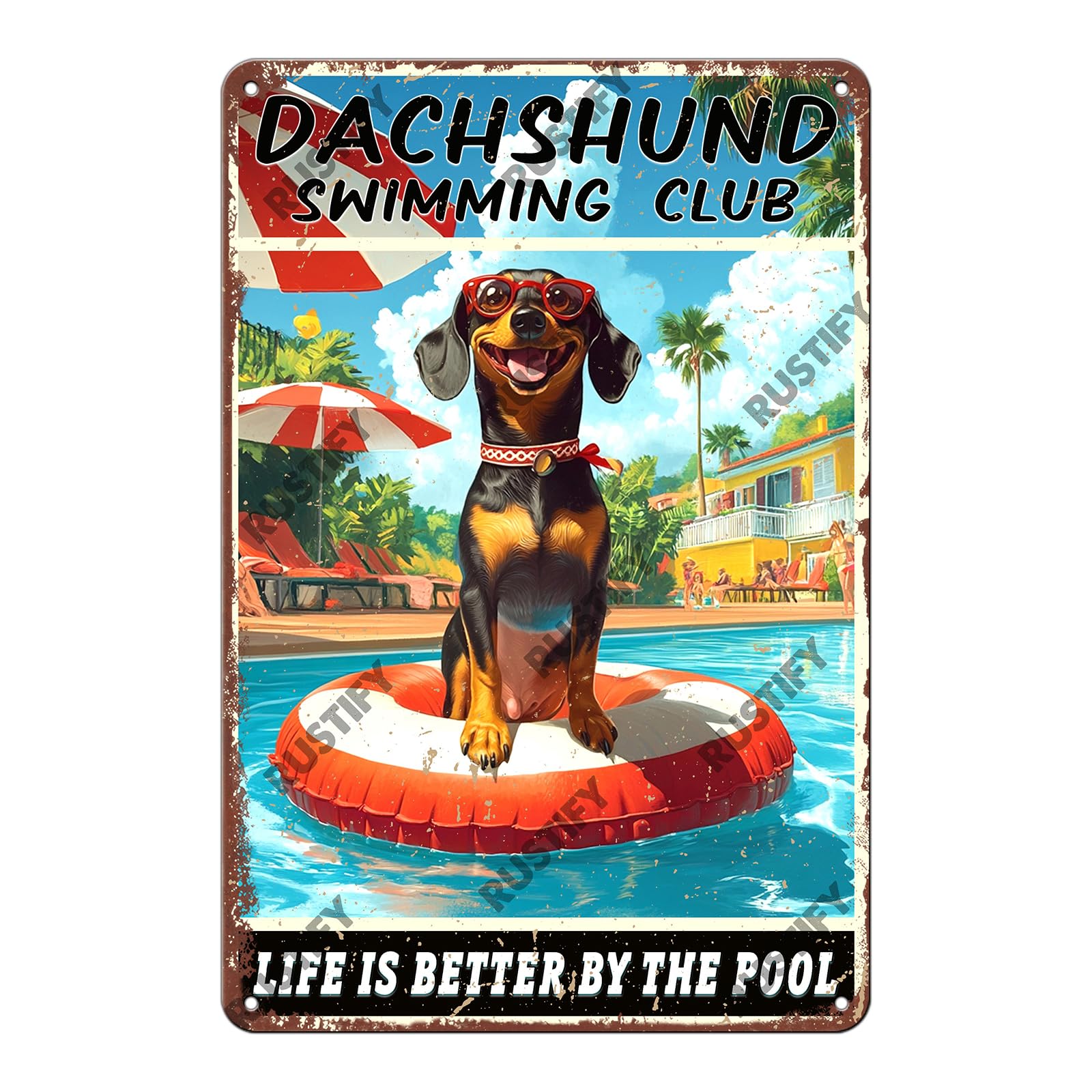 Anceky Funny Sign Dachshund Swimming Club Lfe Is Better By The Pool Metal Tin Sign Wall Decor for Kitchen Outdoor Yard Window Fence 12×8 Inch