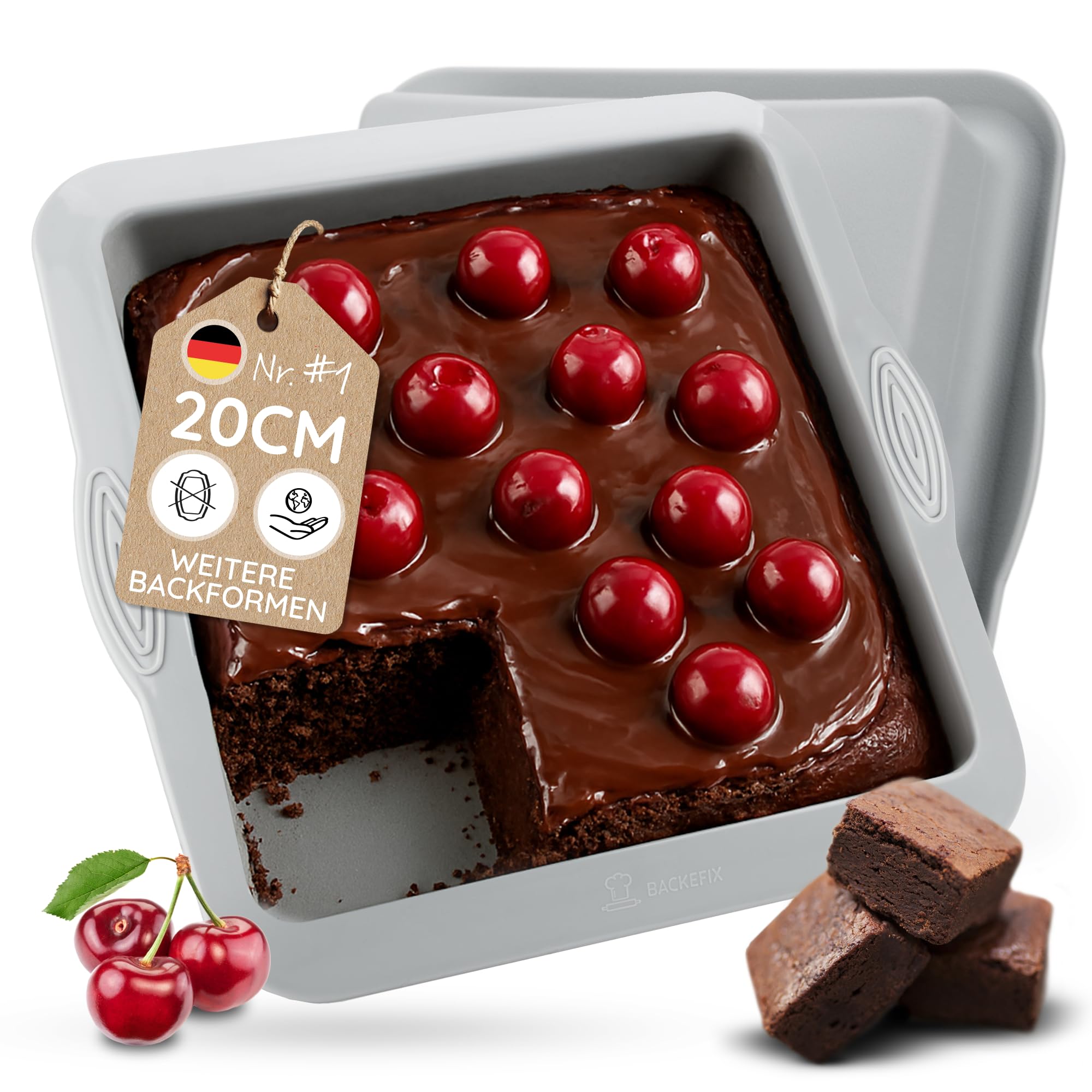 Backefix Brownie Backform Silikon 20×20 cm | eckige quadratische Kuchenform 2000 ml | extra Wandstärke gegen Verformen | Kuchen- & Auflaufform auch ideal für Lasagne| antihaftend, BPA- & PFAS-frei