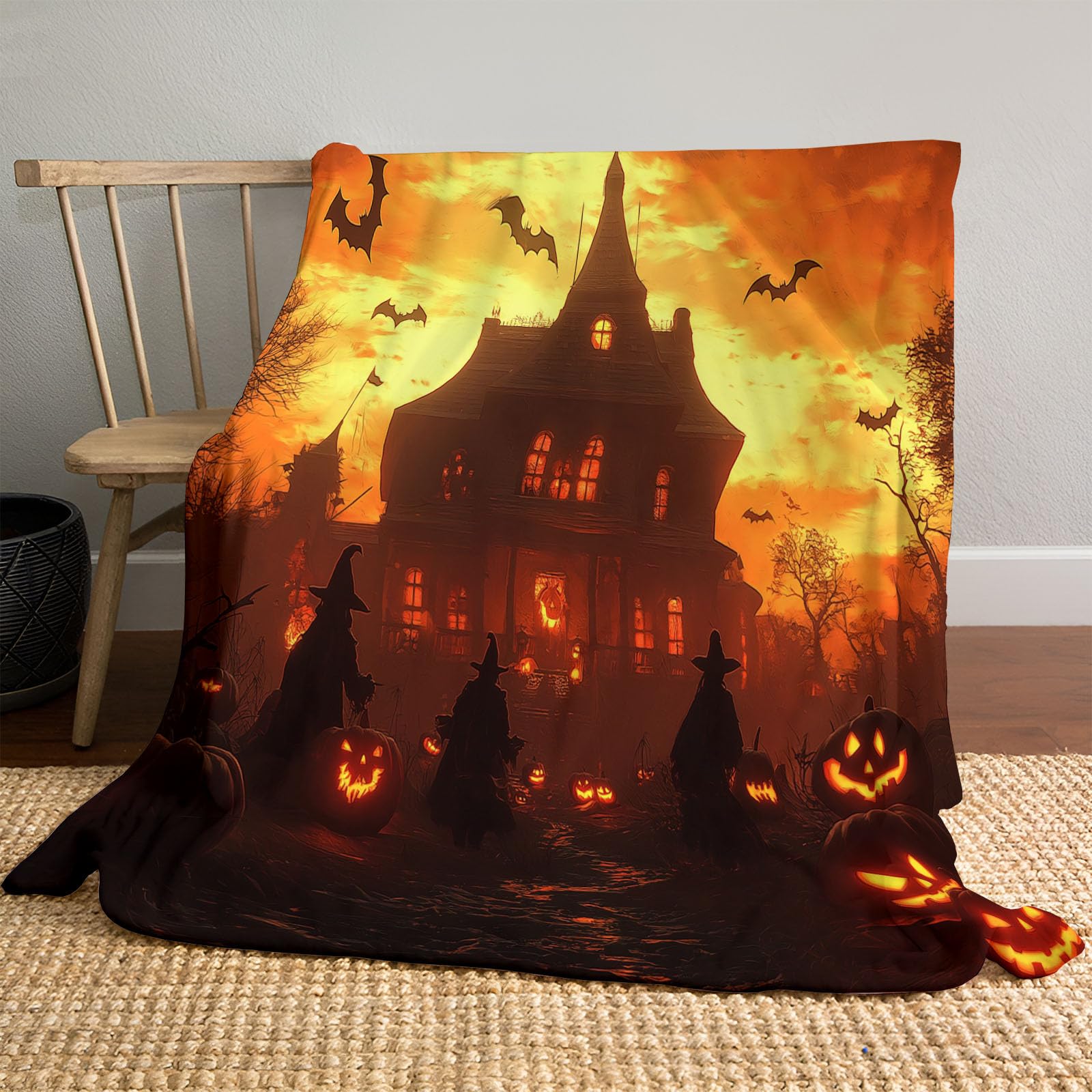Couverture Halloween en flanelle orange 130x160cm pour jeté de lit et canapé cosy