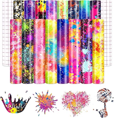 HTVSTD Colorful Splash - Vinilo permanente  16 hojas de 12 x 10 pulgadas de vinilo adhesivo permanente para tazas y decoraciones, vinilo