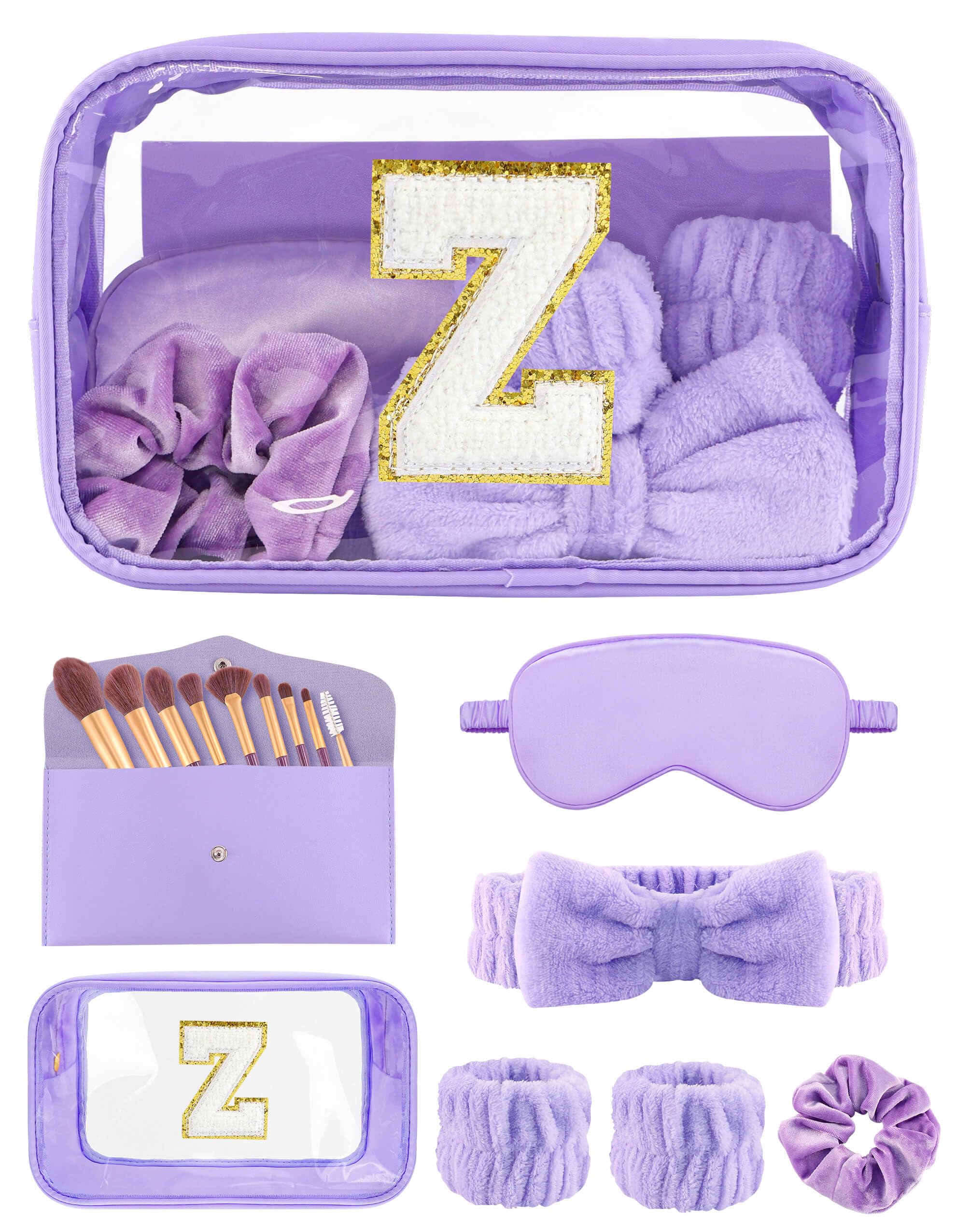Gift Sets for Women, Initial Makeup Bag with Makeup Brush Set Bachelorette Party Favors, Purple Spa Kit with Skincare Headbands Wrist Bands Sleepover