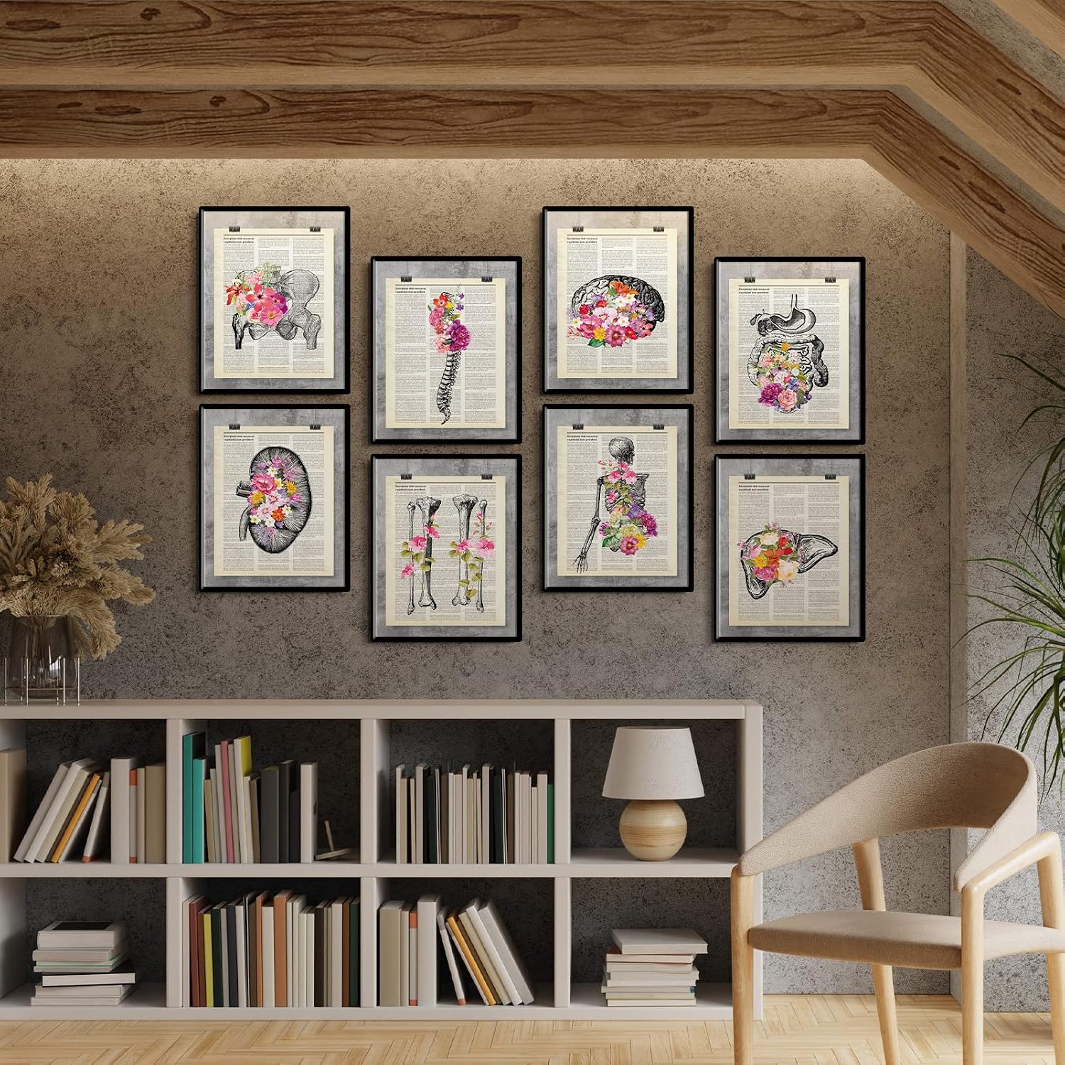 Jetec 12 Pieces Medical Dictionary Art Set 8 x 10 Inch Anatomy Decor Vintage Anatomical Posters Vintage Floral Human Wall Decor for Doctor Office Clinic Gift for Nurses Med
