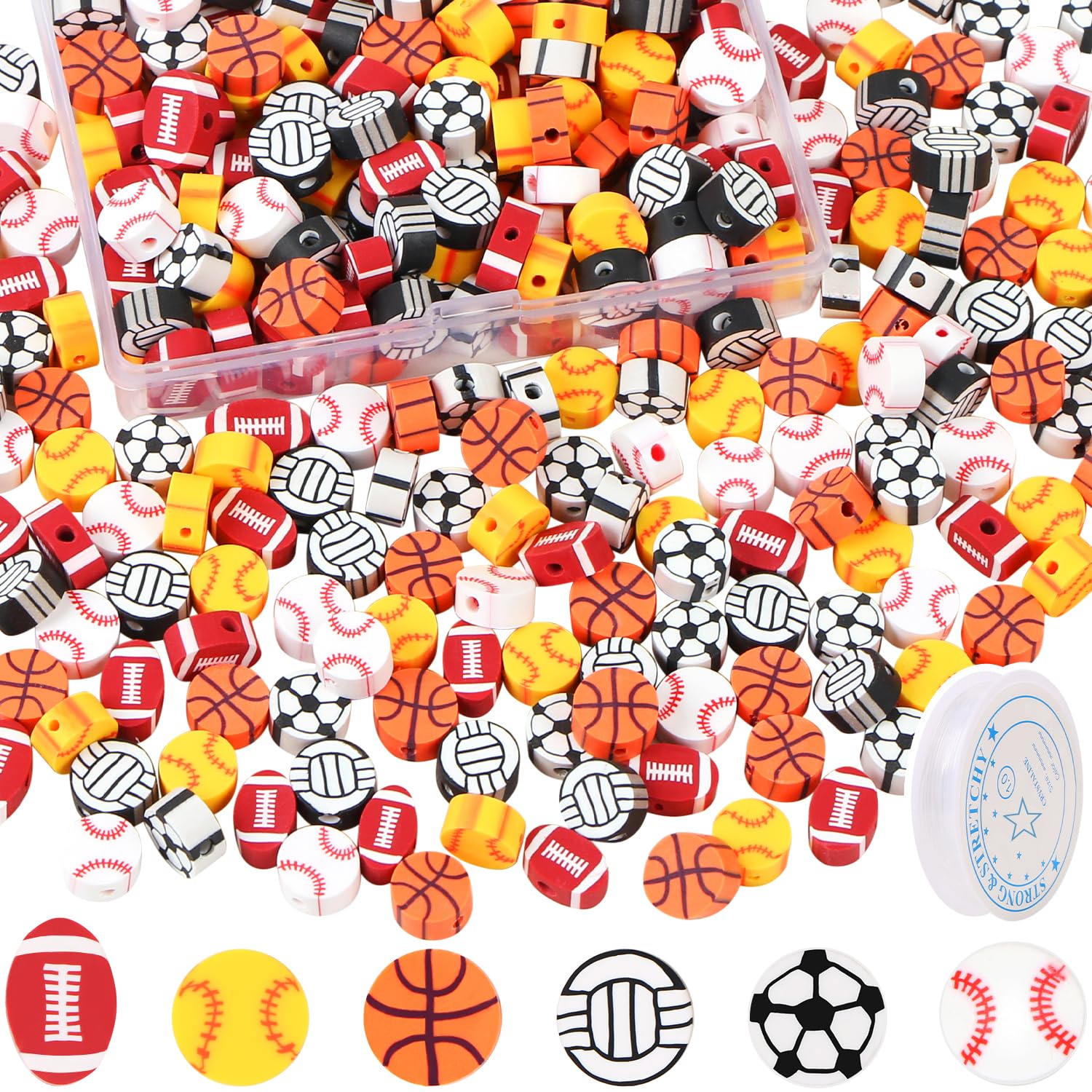 300 Pcs Sports Ball Beads for Jewelry Making, Sports Polymer Clay Beads Bulk, Baseball Basketball Soccer Volleyball Softball Football Beads Charms