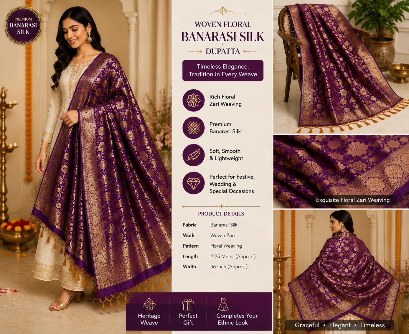 Women's Woven Floral Banarasi Silk Dupatta