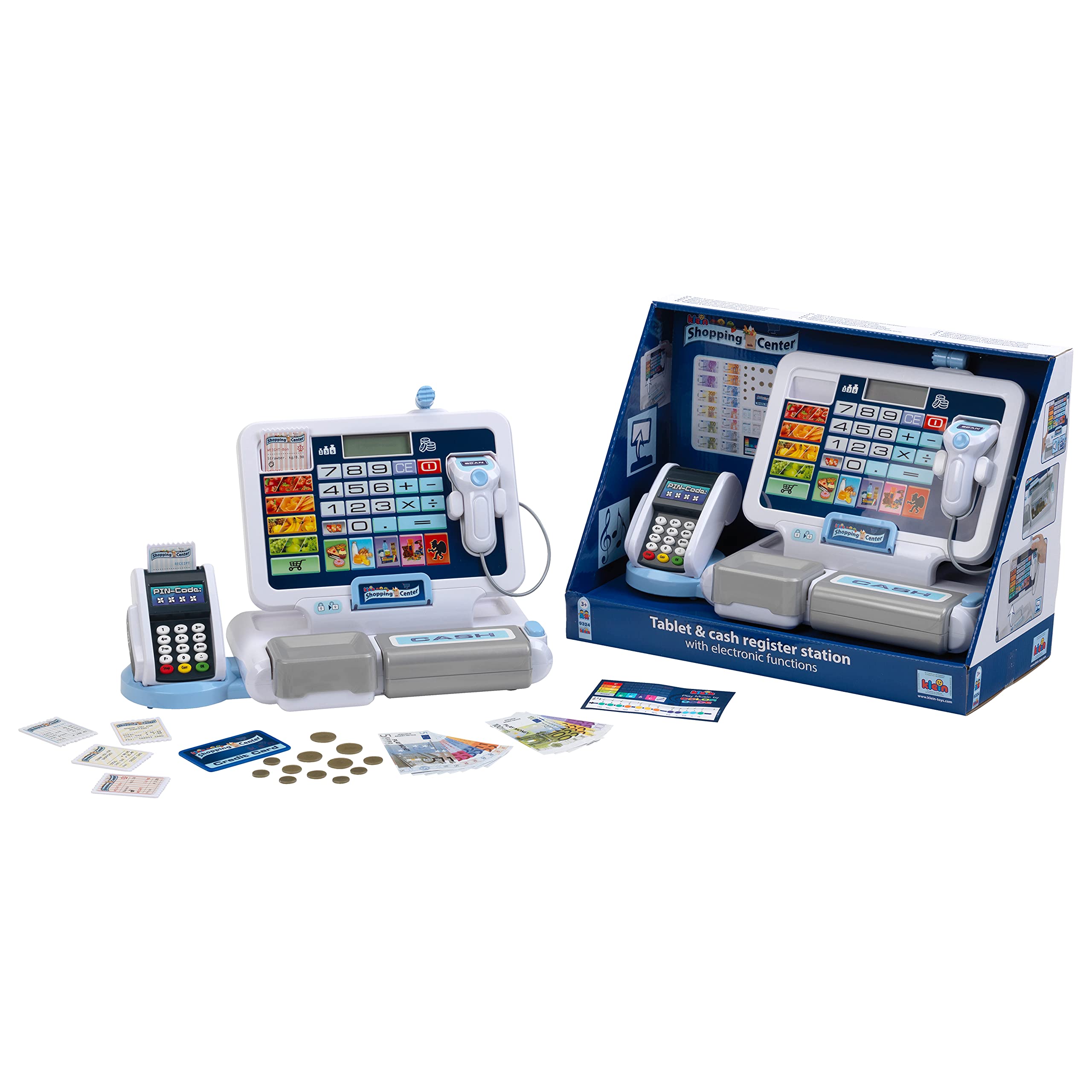 Theo Klein 9324 Registratore di Cassa con Tablet, con Suoni e Tablet Rimovibile, terminale POS con Funzione Meccanica, Scanner e Soldi Giocattolo I Giocattoli per Bambini dai 3 Anni in su