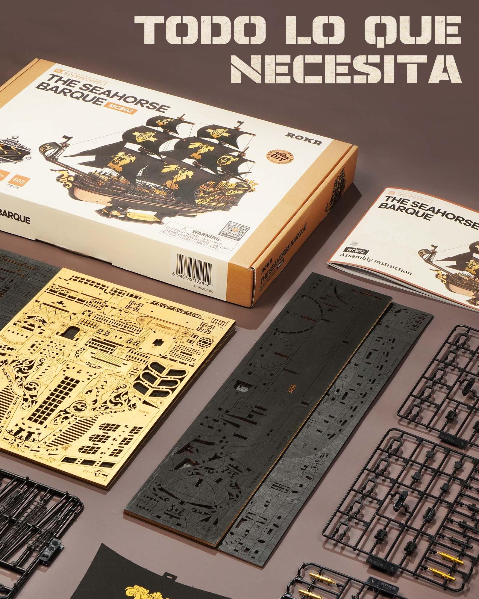 ROKR Kit di Modelli di Barche in Legno Con Puzzle 3D per Adulti, Barca a Vela Fai Da Te Meccanica, Kit di Modelli per Adulti, The Seahorse Barque MCB02