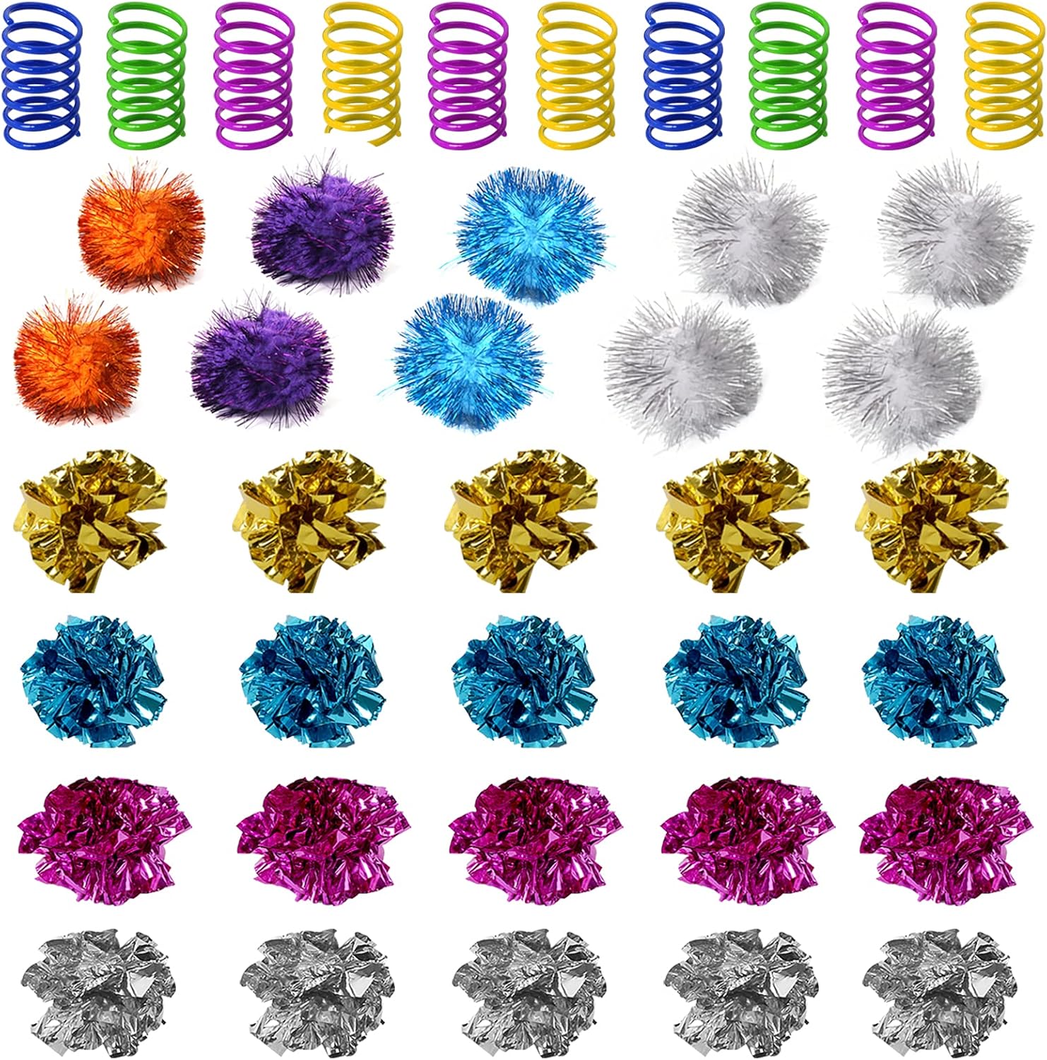 WSYUB 40Pcs Crinkle Balls Cat Toy and Spring- 20Pcs Mylar Crinkle Ball Cat Toy, 10Pcs Sparkle Ball Tinsel Pom Poms Glitter, 10 Plastic Spring Cat Toy, Richful Cat’s Favorite Toy Set for Interacting : Pet Supplies