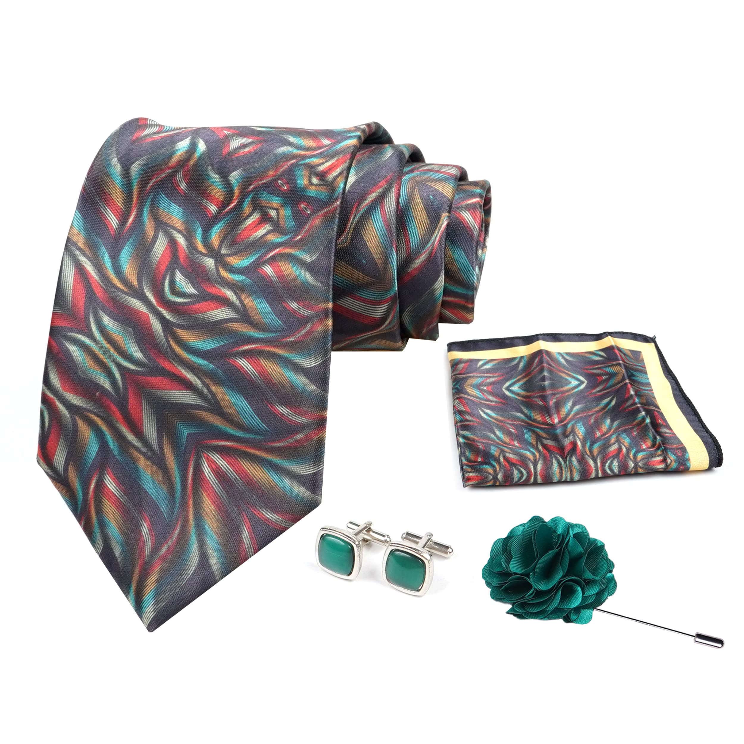 axlon Mens Plaid Micro Self Silk Necktie Gift Set With Pocket Square Cufflinks & Brooch Pin Tie for Men Formal Tie Set with Box (Pack of 4) (Green, 2022AX_21)-picture-17