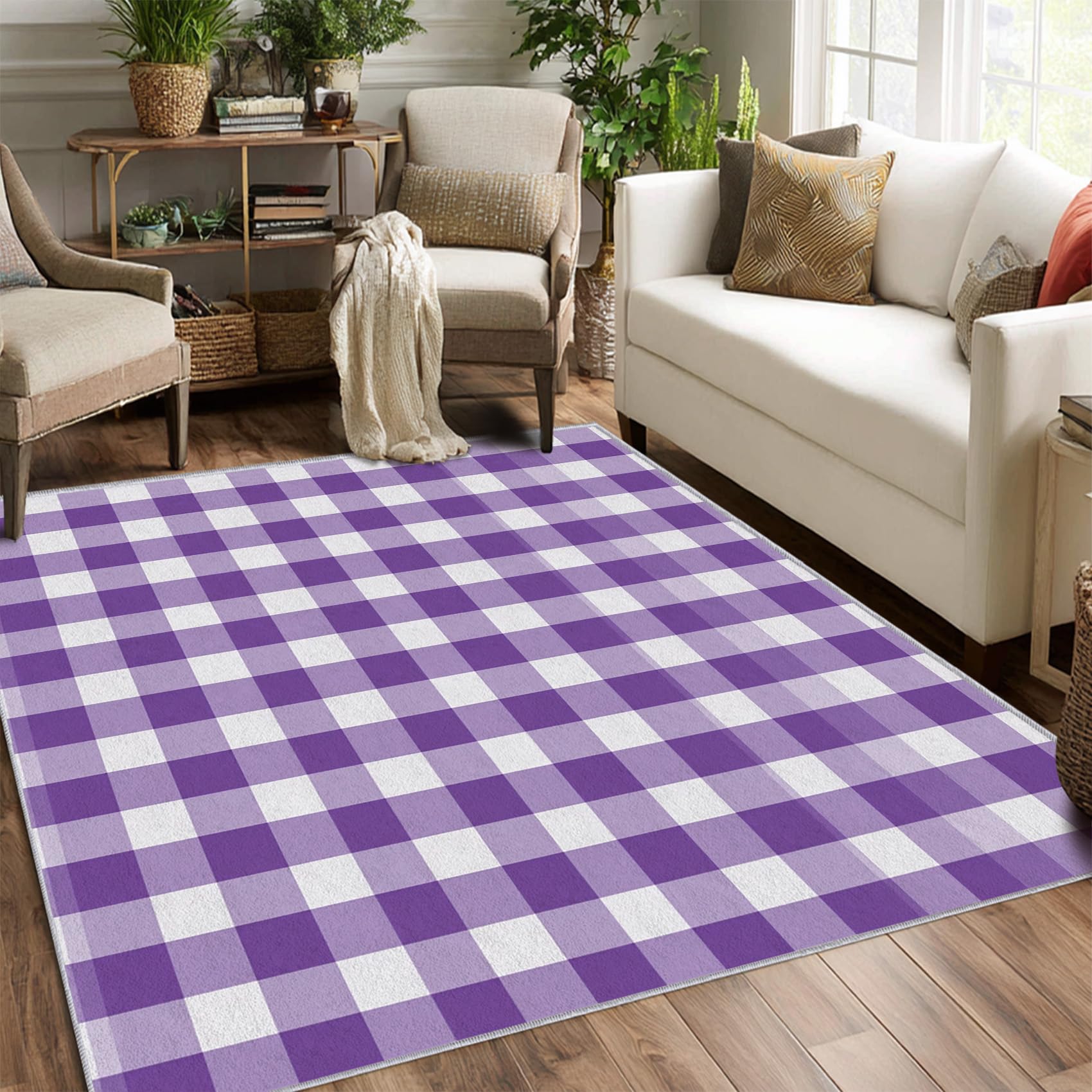 Lila Gitter Waschbarer Teppich 80 x 150 cm – Weich rutschfest Büffel Schachbrett Design für Wohnzimmer & Schlafzimmer Deko Kurzflor Tappeto per elegante Räume