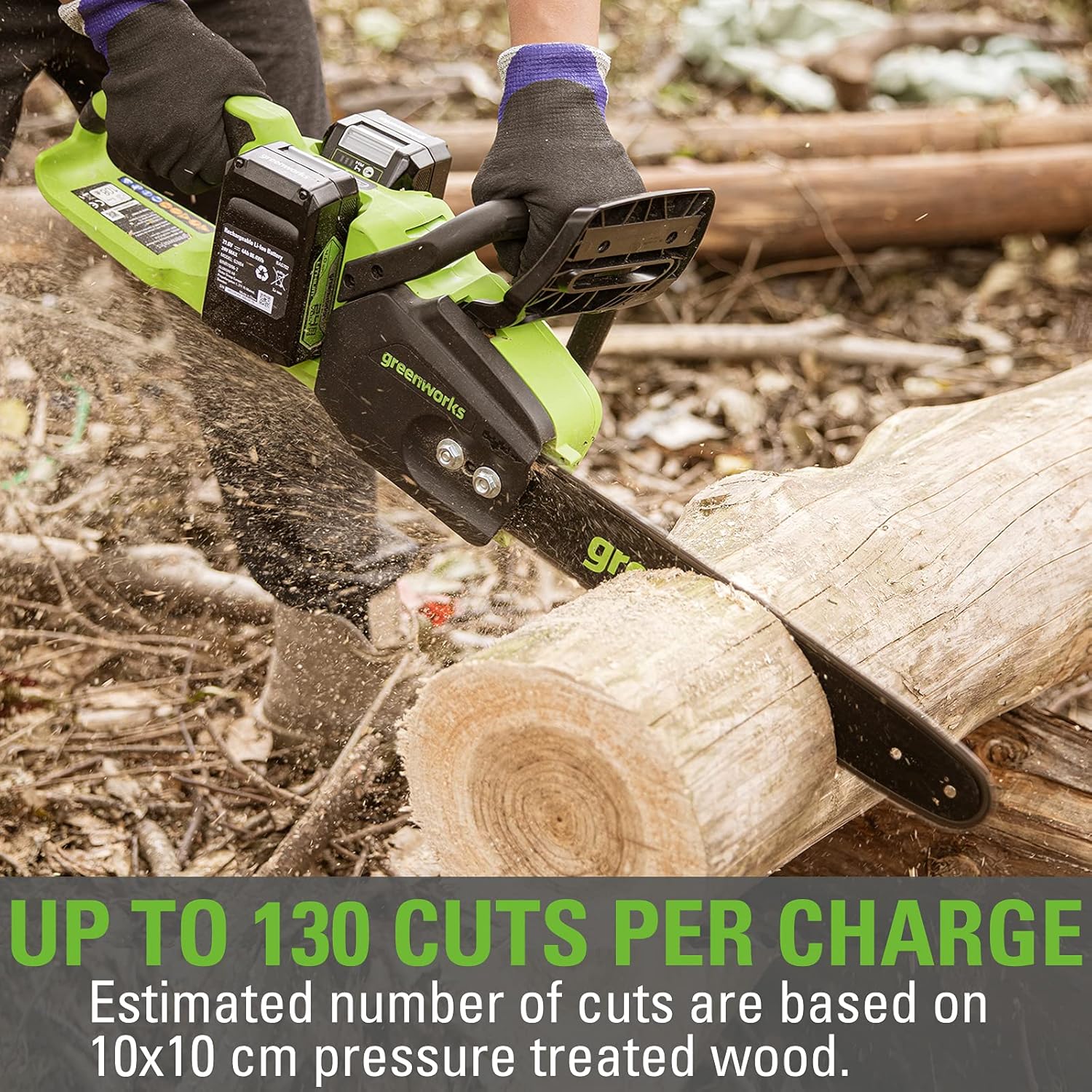 Greenworks GD24X2CS36 chainsaw showing the mechanical chain brake engaged for safety.
