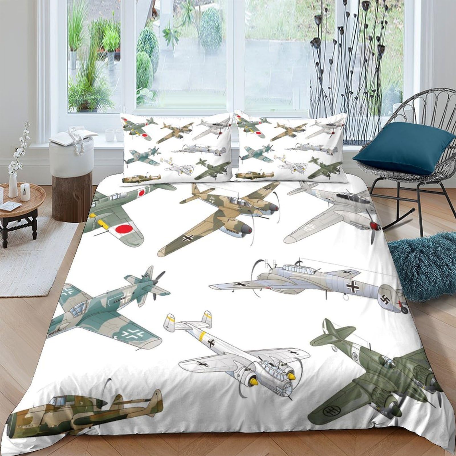GPLZQXKJNH 3D Printed Vintage Military Aircraft Duvet Cover Microfiber Soft Breathable Fighter Plane Bedding Set with 2 Pillowcases for Bedroom Decor Single（135x200cm）