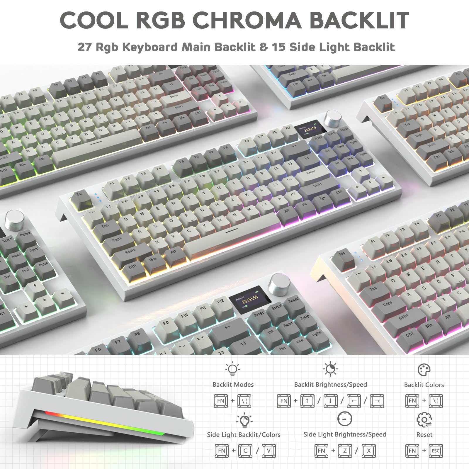 ATTACK SHARK K86 Teclado Mecánico Wireless 75%, Teclado para Juegos Tri-Modo con 2.4G/BT5.0/USB-C Cable, QWERTY TKL 87 Tecla, Pantalla TFT HD de 1.2' y Perilla, RGB Hot-Swap Linear Switch - Gris