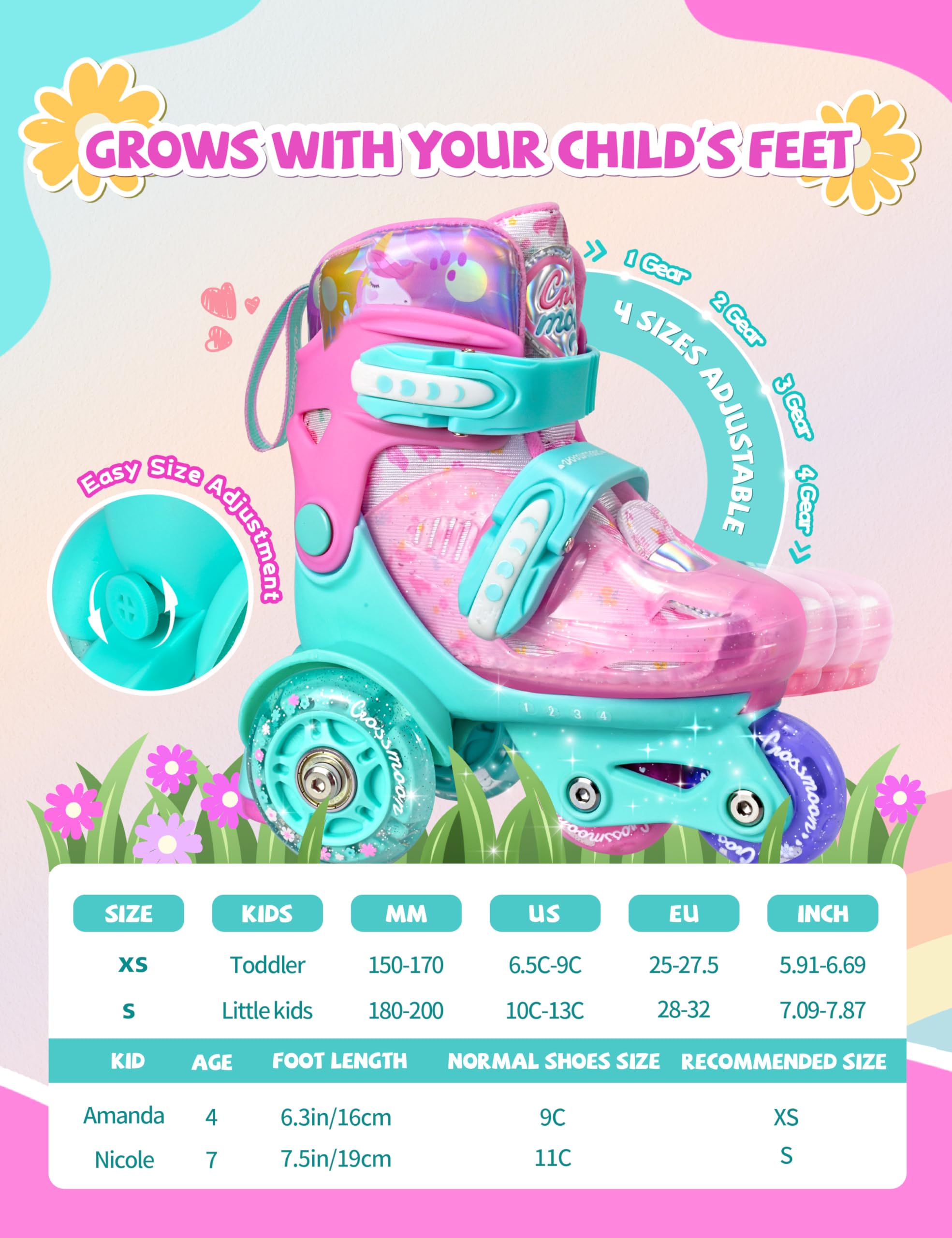 Unicorn Toddler Roller Skates, Kids Training Safety Tripple Protection Roller Skates with 4 Adjustable Sizes, Fun Light-Up Wheels, Little Girls' Fancy Gift