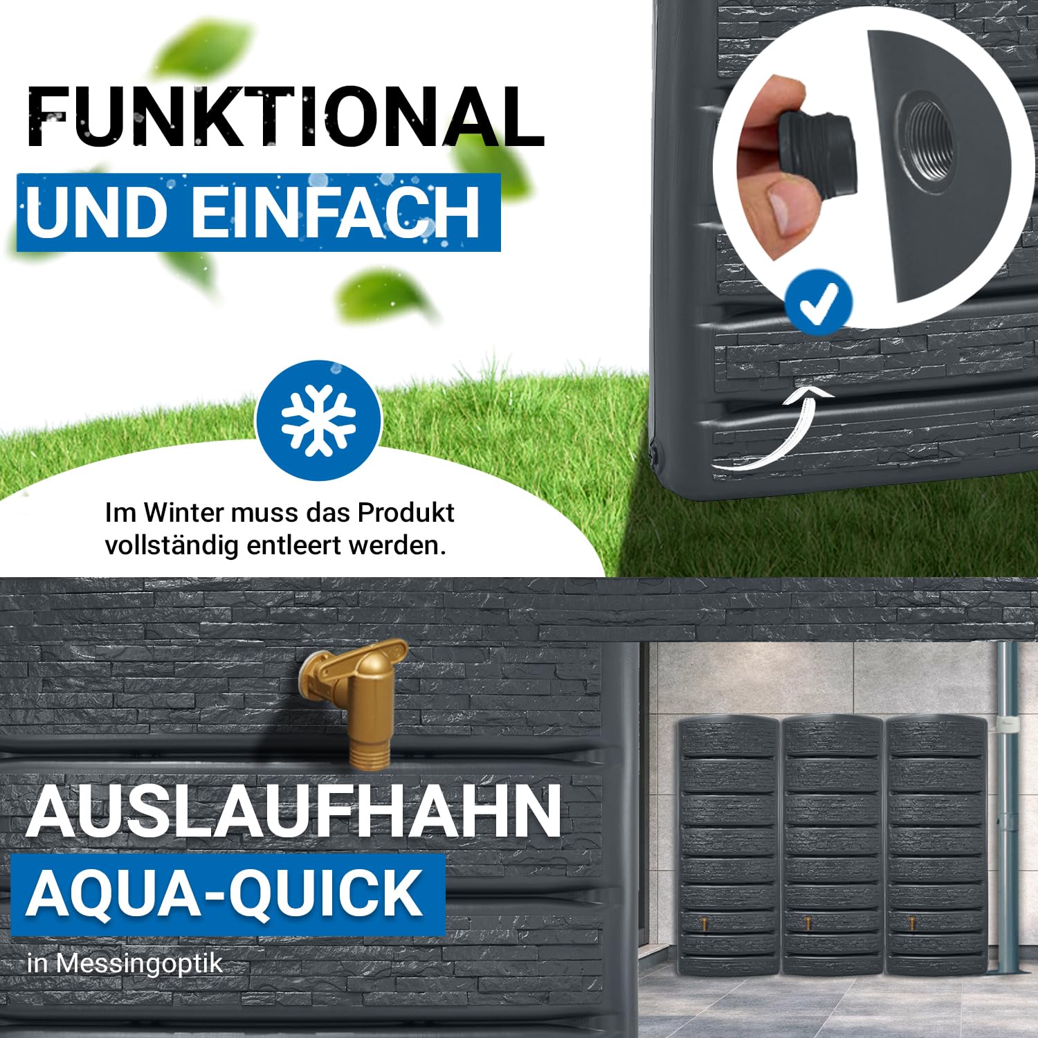 4rain ExtraSLIM Stone Decor Regentonne Wandtank-Set 1200 Liter Graphite | Grey, 3 x ExtraSLIM Stone Decor 400 Liter inkl. Verbinder Wassertank, Fass, Regenfass, Regenwassertonne, Regenwassertank