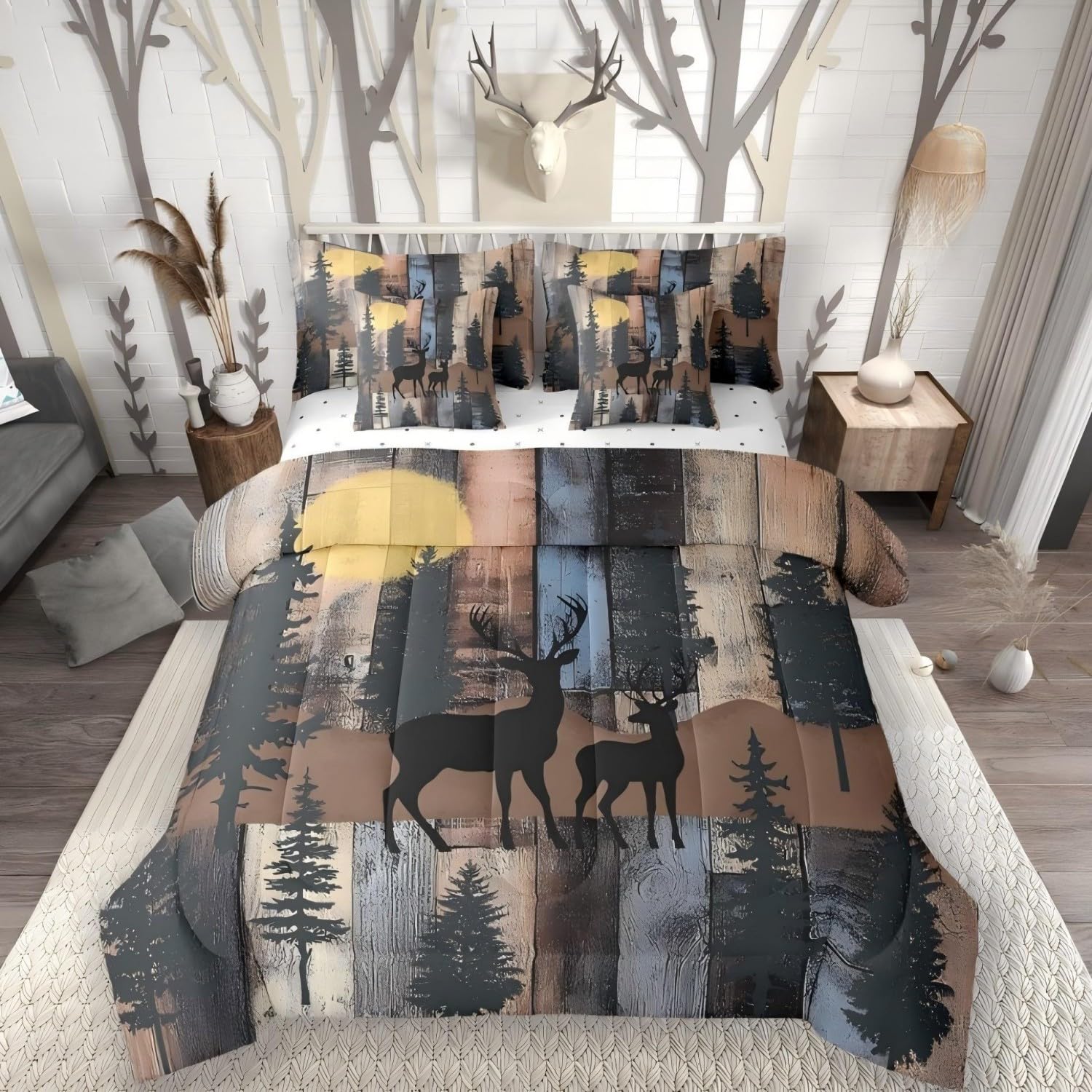 Elk Deer 7 Piece Comforter Set Full Bed in a Bag, Christmas Reindeer Pine Trees Bedding Sets Farmhouse Decor Rustic Barn Door Comforter and Sheet Set, Countryside Hunting Room Decor, Blue Brown