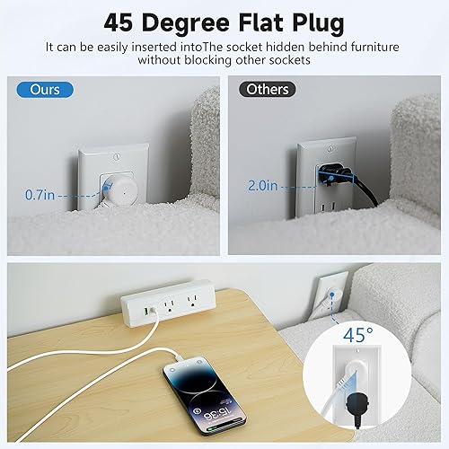 Miniatura 5 de Regleta de alimentación con abrazadera de escritorio con USB, enchufe plano delgado de 45 grados, cable de extensión de 6 pies, 1875 W, carga rápida