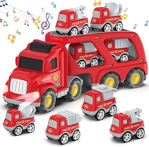 Moritakk Camiones de juguete para niños pequeños de 3, 4, 5, 6, 7 años, transporte 5 en 1, vehículos urbanos de transporte con sonido ligero, regalo