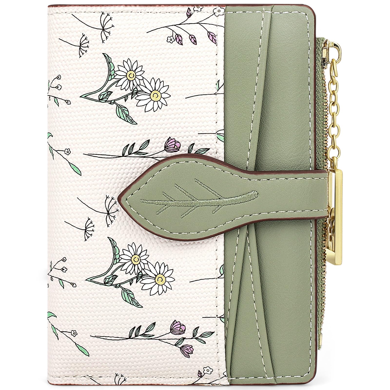 Farcauo Portemonnaie Damen Geldbeutel Frauen Portemonnaie Mini Geldbörse mit Grün Geldbörsen Klein Damen Blumen Design für Frauen Klein mit Ausweisfach und Kartenhüllen