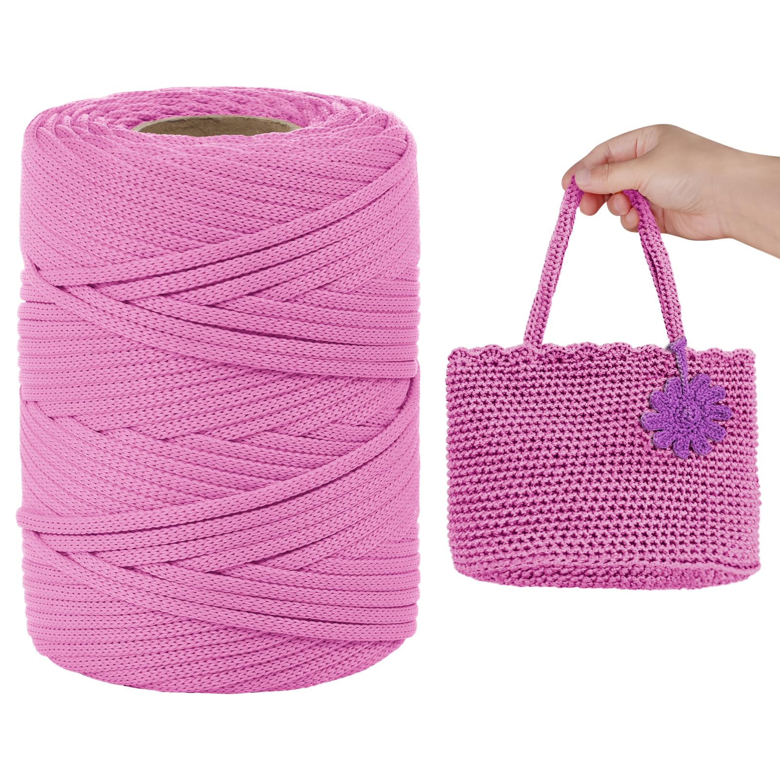LEREATI Polyester Cord, Polyester Macrame Cord 3mm x 90m Flat Macrame Rope Crochet Polypropylene Cord Polyester Yarn for Crocheting, DIY Bags, Hats, Shoes (Dark Pink)