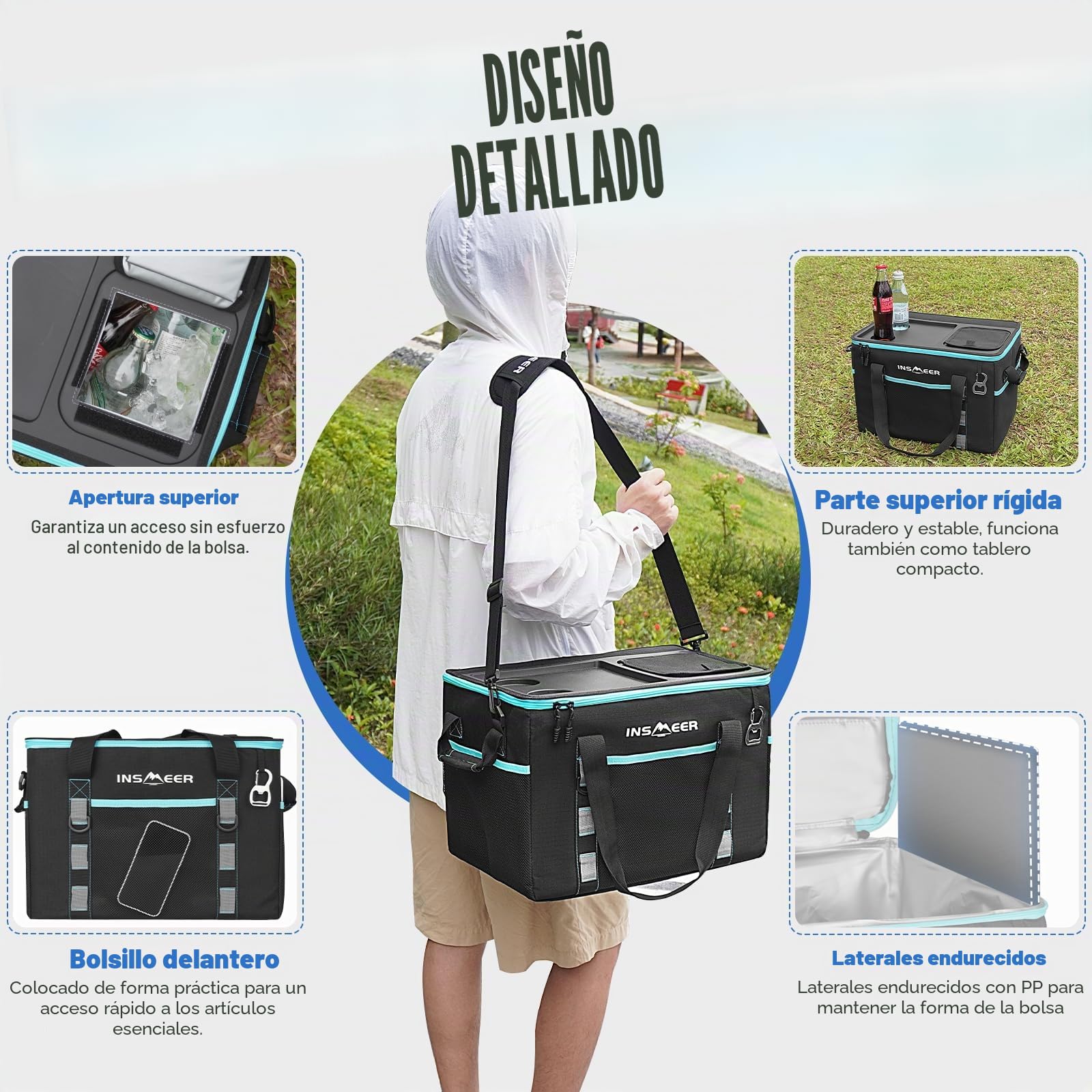 INSMEER Bolsa de refrigeración grande de 40 l, bolsa de refrigeración plegable para 60 latas – XXL – Bolsa isotérmica térmica con abridor / laterales reforzados duros / 2 portavasos en la parte