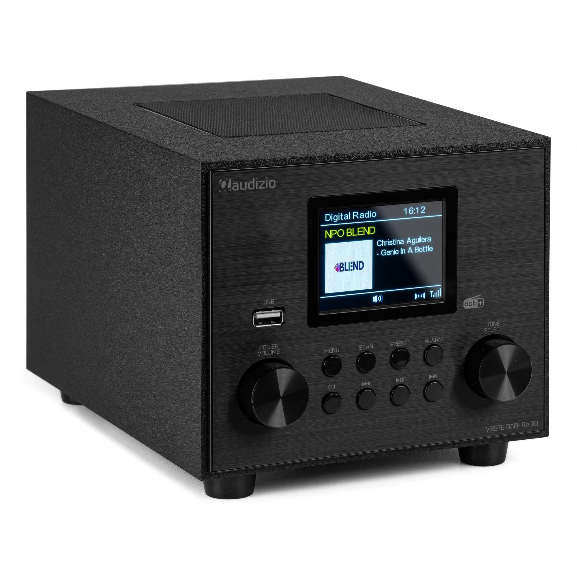 Audizio Vieste - Radio DAB+ con Bluetooth, subwoofer 60 W, FM, USB MP3, ingresso AUX, doppia sveglia, telecomando, design moderno e compatto, colore nero