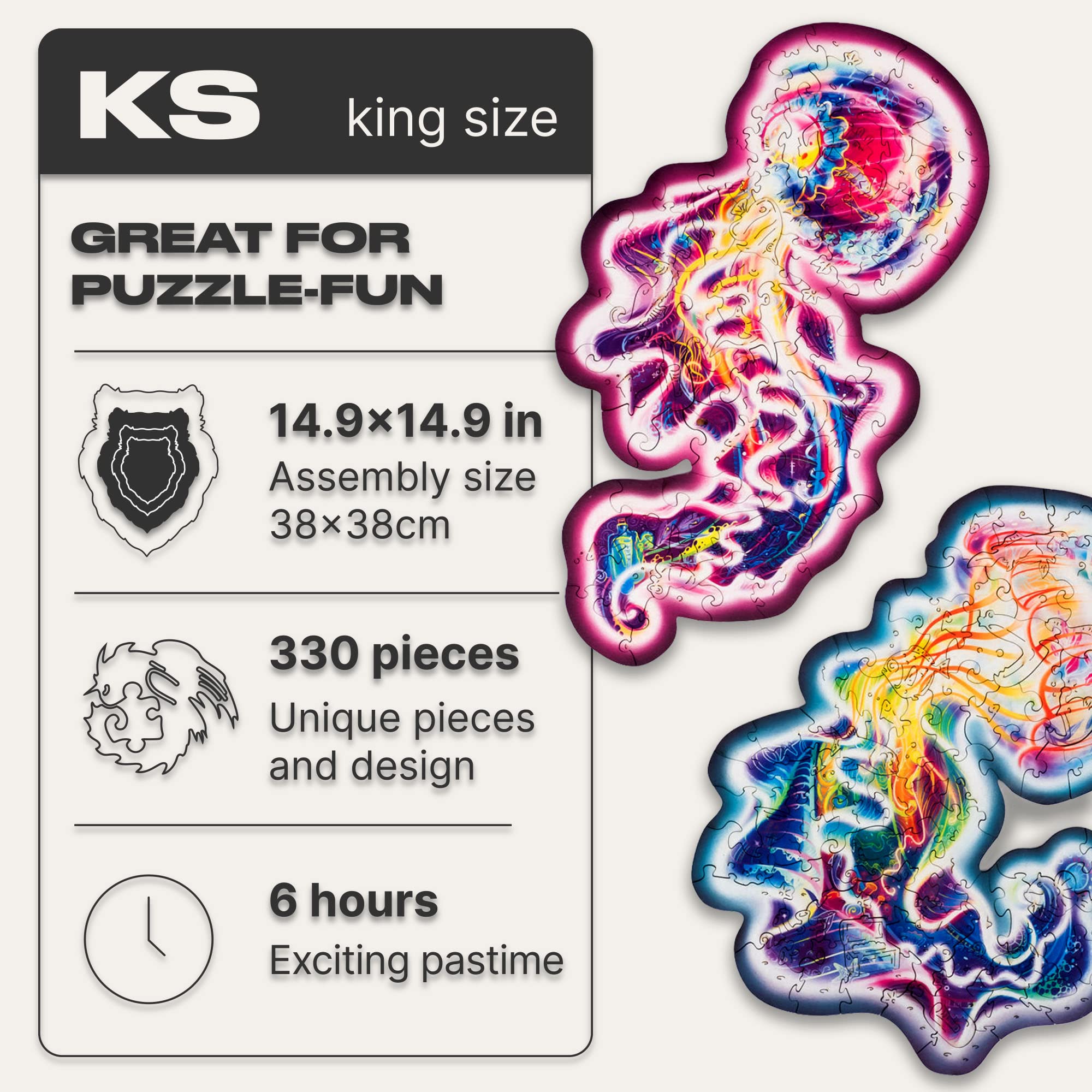 UNIDRAGON Wandering Jellyfish Wooden Jigsaw Puzzle for Adults - 330 Unique Shaped Pieces - King Size 38 x 38 cm
