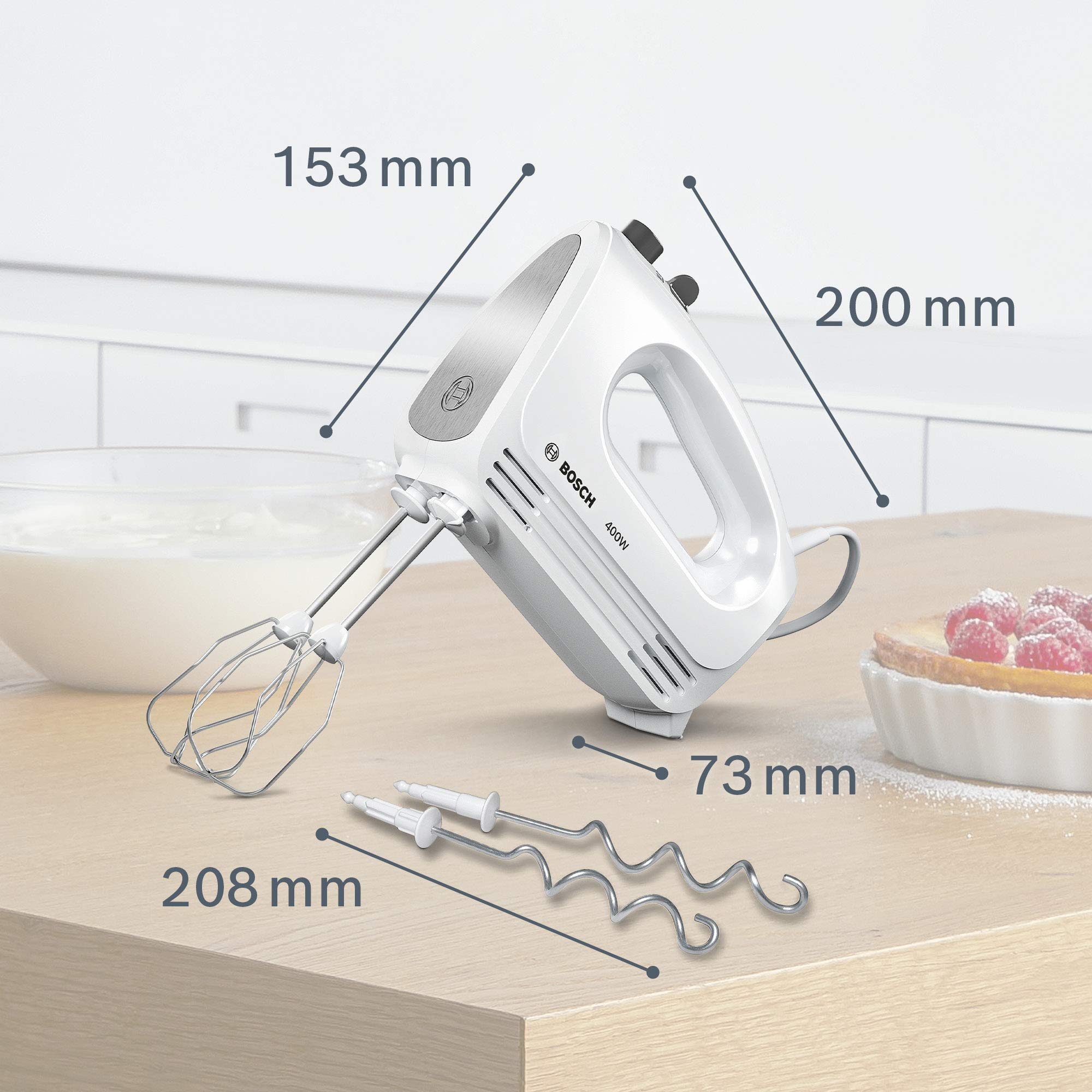 Bosch Handrührgerät, 2 Rührbesen, 2 Knethaken, Edelstahl, spülmaschinenfest, 4 Stufen, Turbostufe, leicht, leise, 400 W, weiß, CleverMixx MFQ24200